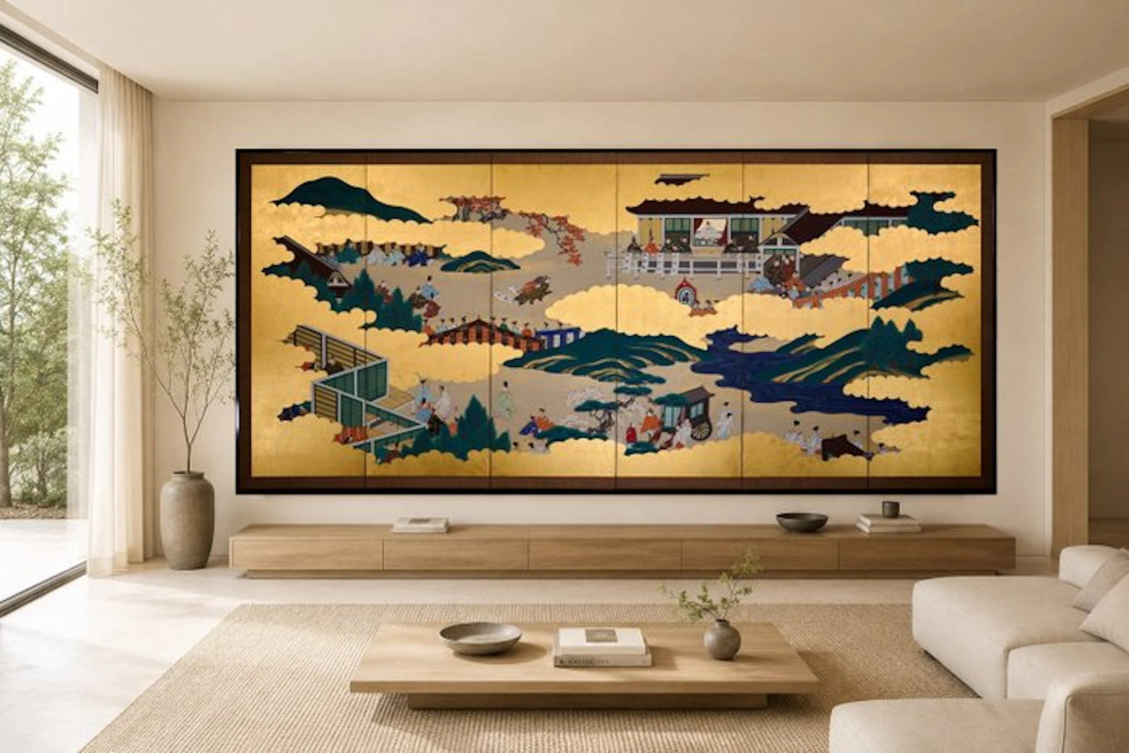 A six-panel folding screen on a gold leaf ground...