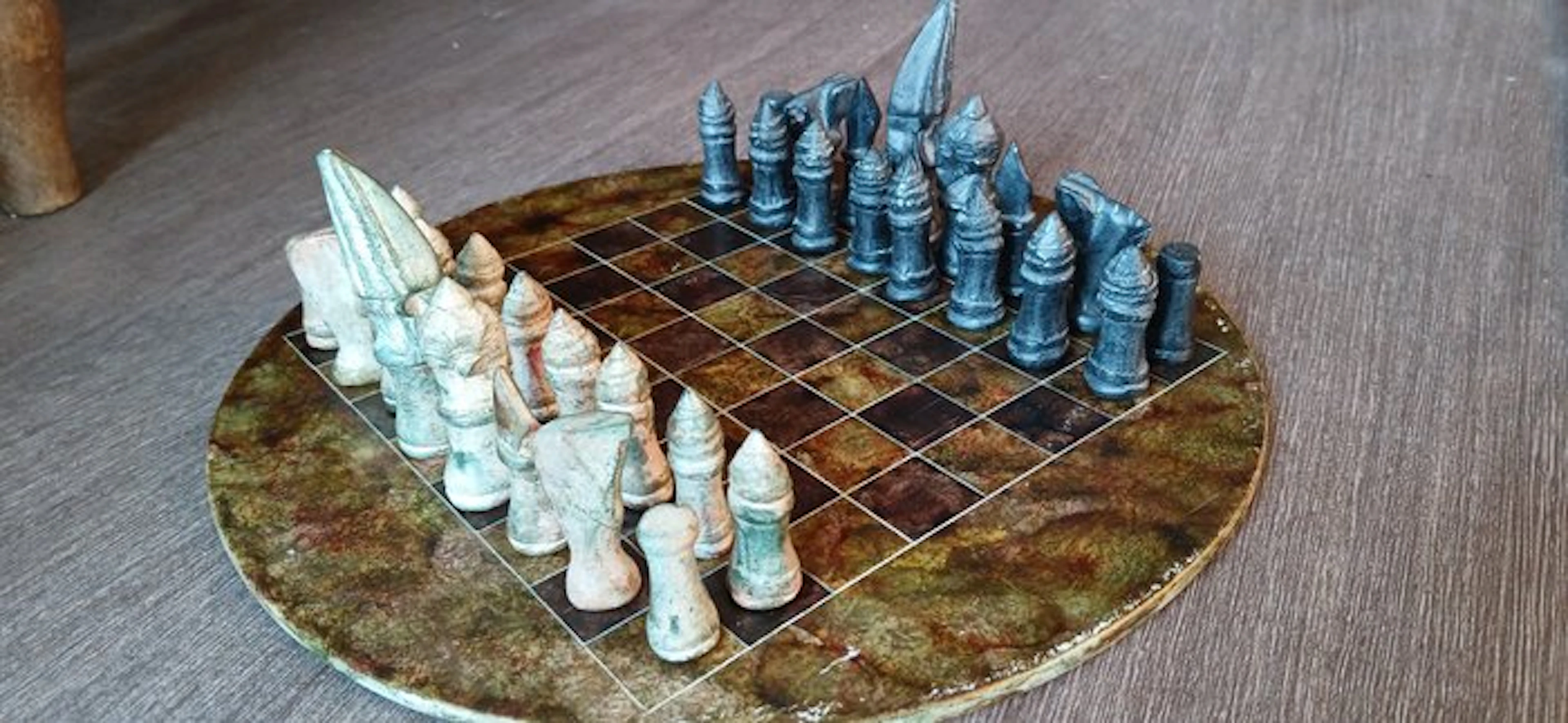Tribal handcrafted artdeco soapstone chess set complet...
