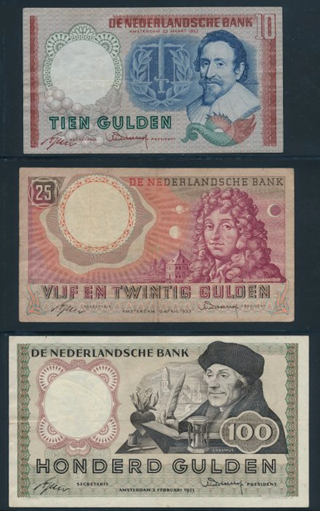 Netherlands. - 10, 25 and 100 Gulden - 1953/1955 (No reserve price)