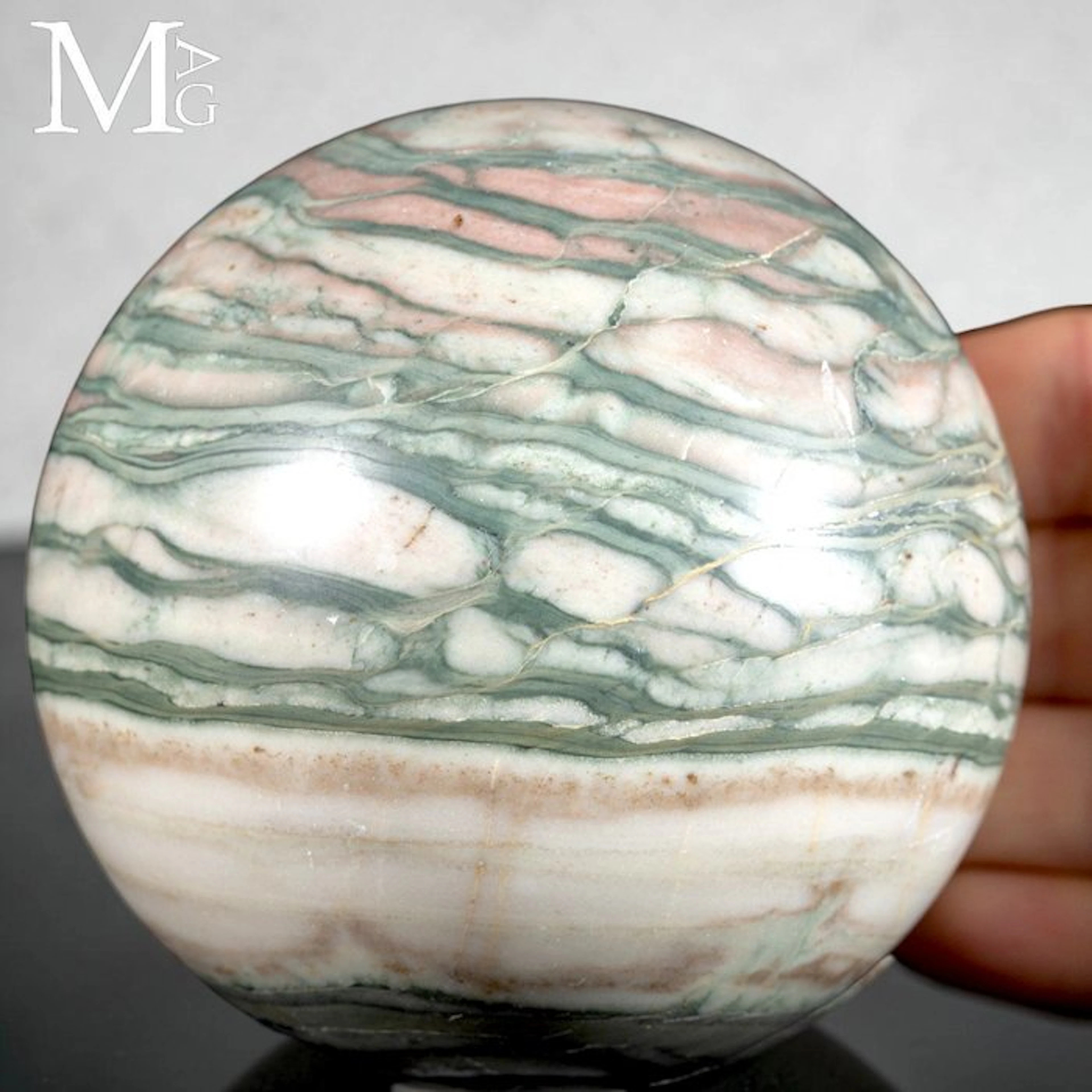 New Jade - Serpentine Sphere with Waves of Sage Green and...