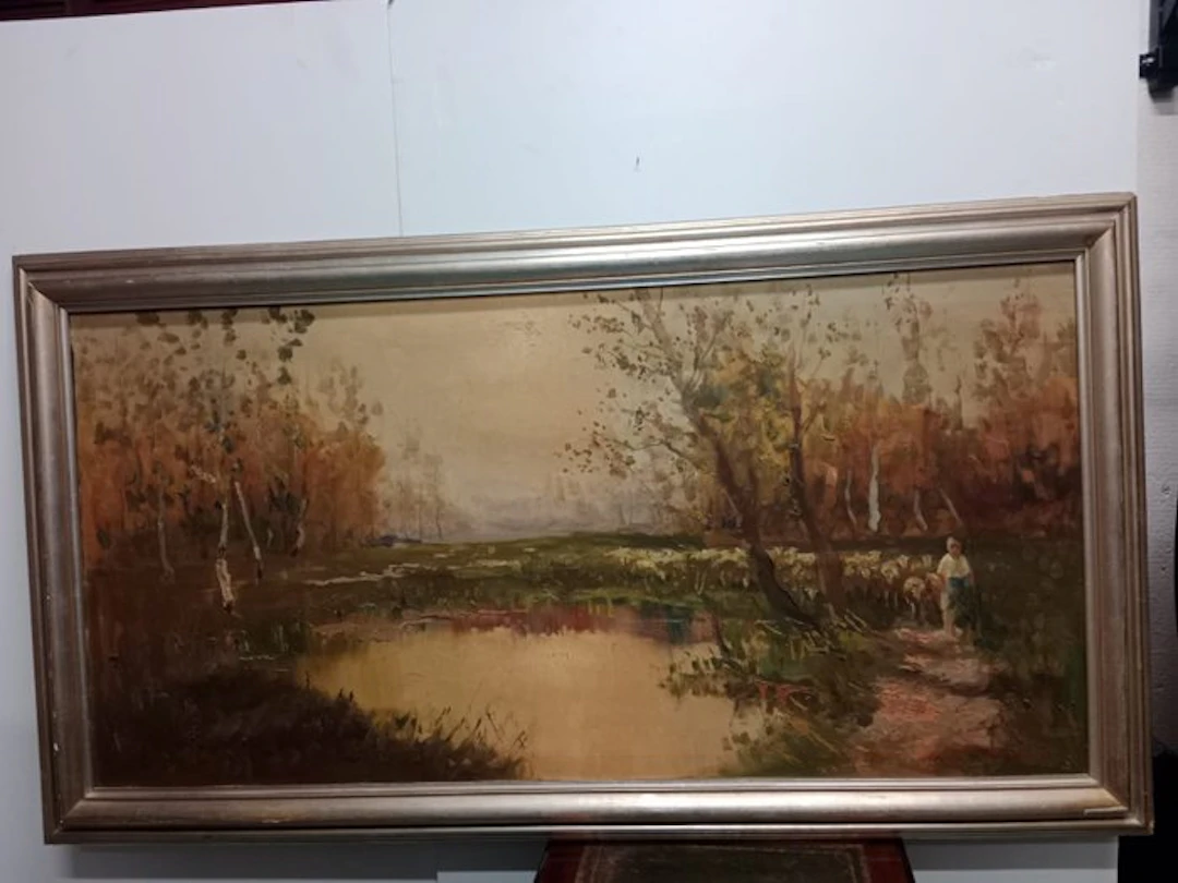 Guido Antonio Mantovani (1916-1988) - Paesaggio pastorale autunnale con gregge
