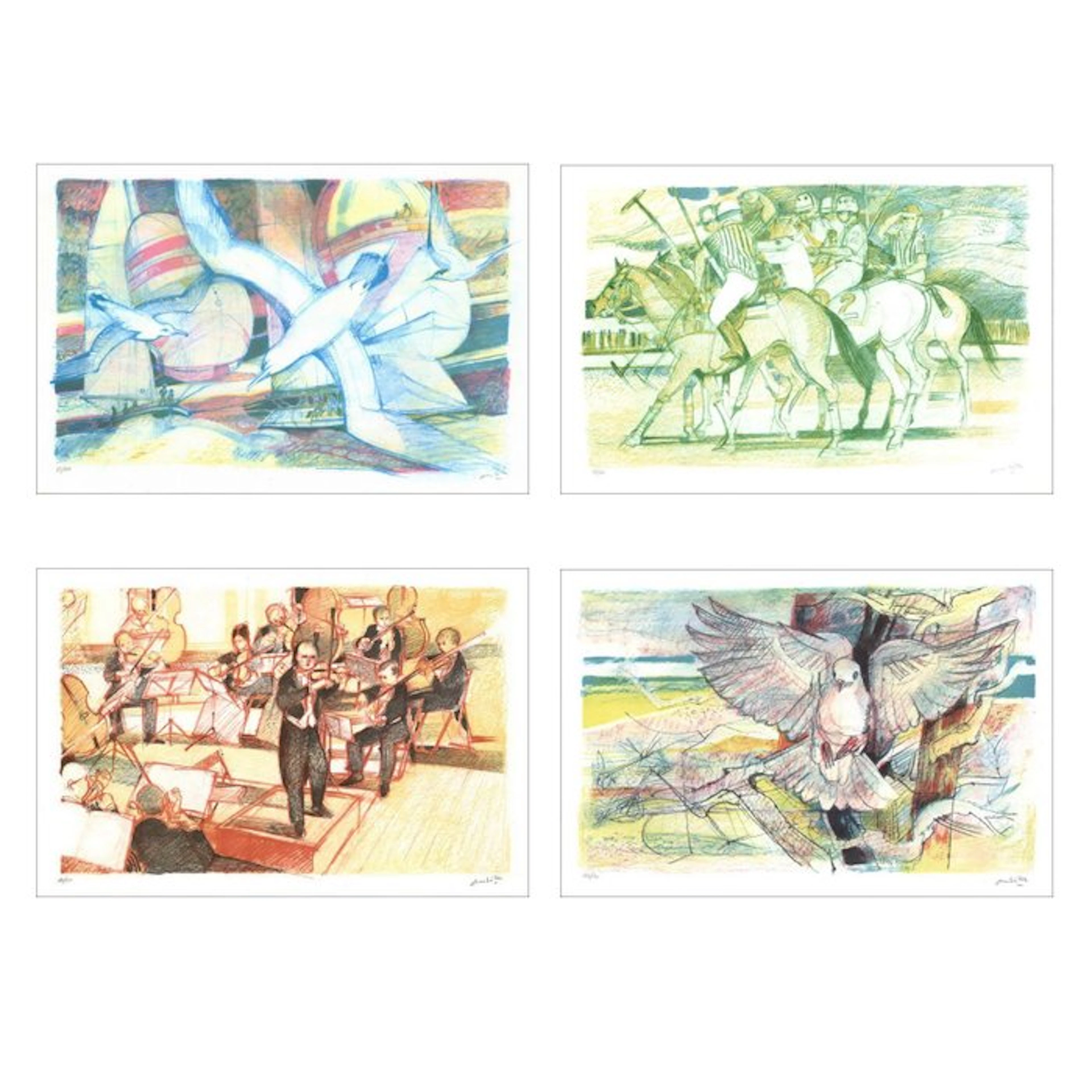 Paul Ambille (XX) - Lot de 4 lithographies : Bateaux et mouettes