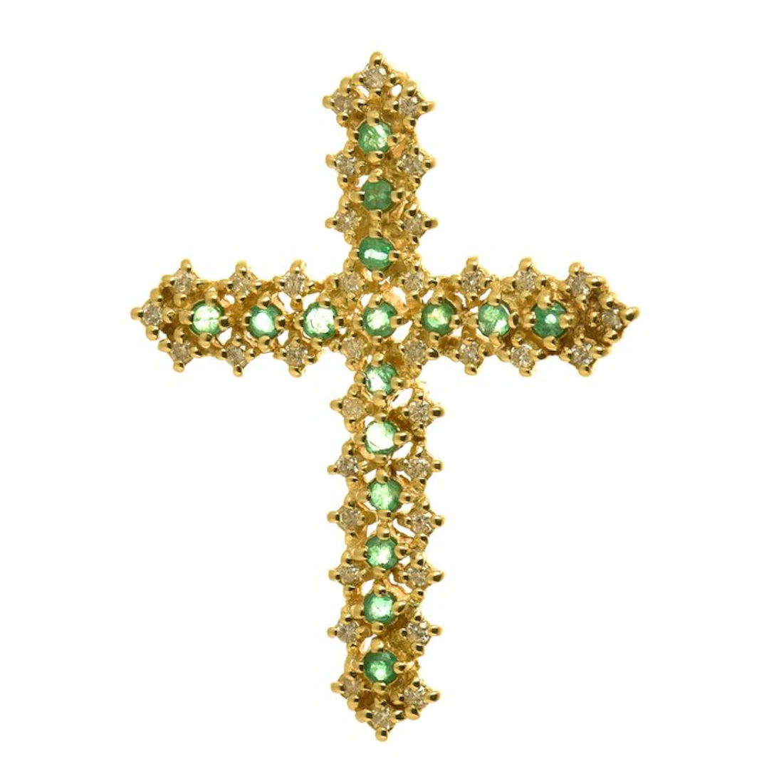 Cross pendant - 18 kt. Yellow gold Emerald - Diamond