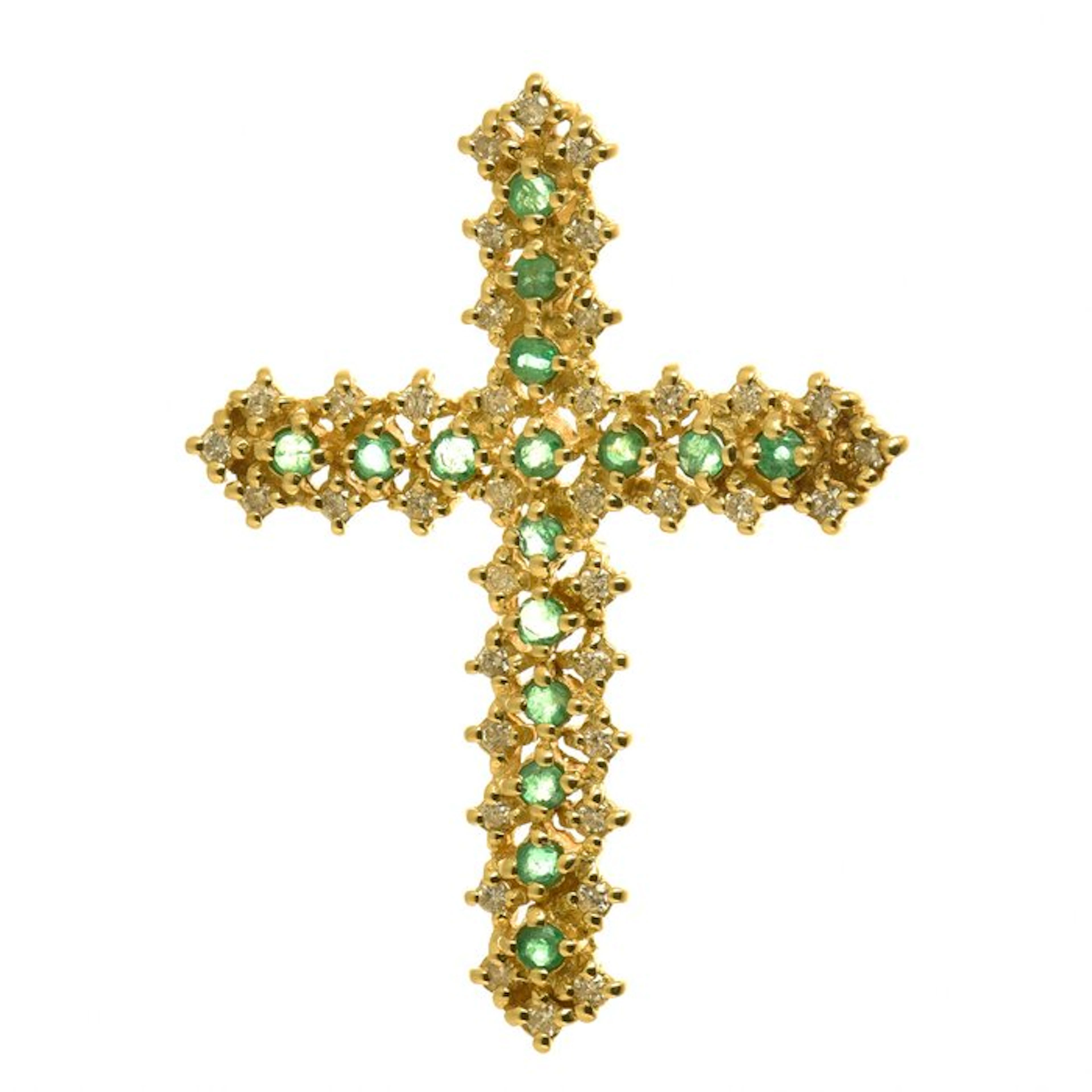 Cross pendant - 18 kt. Yellow gold Emerald - Diamond