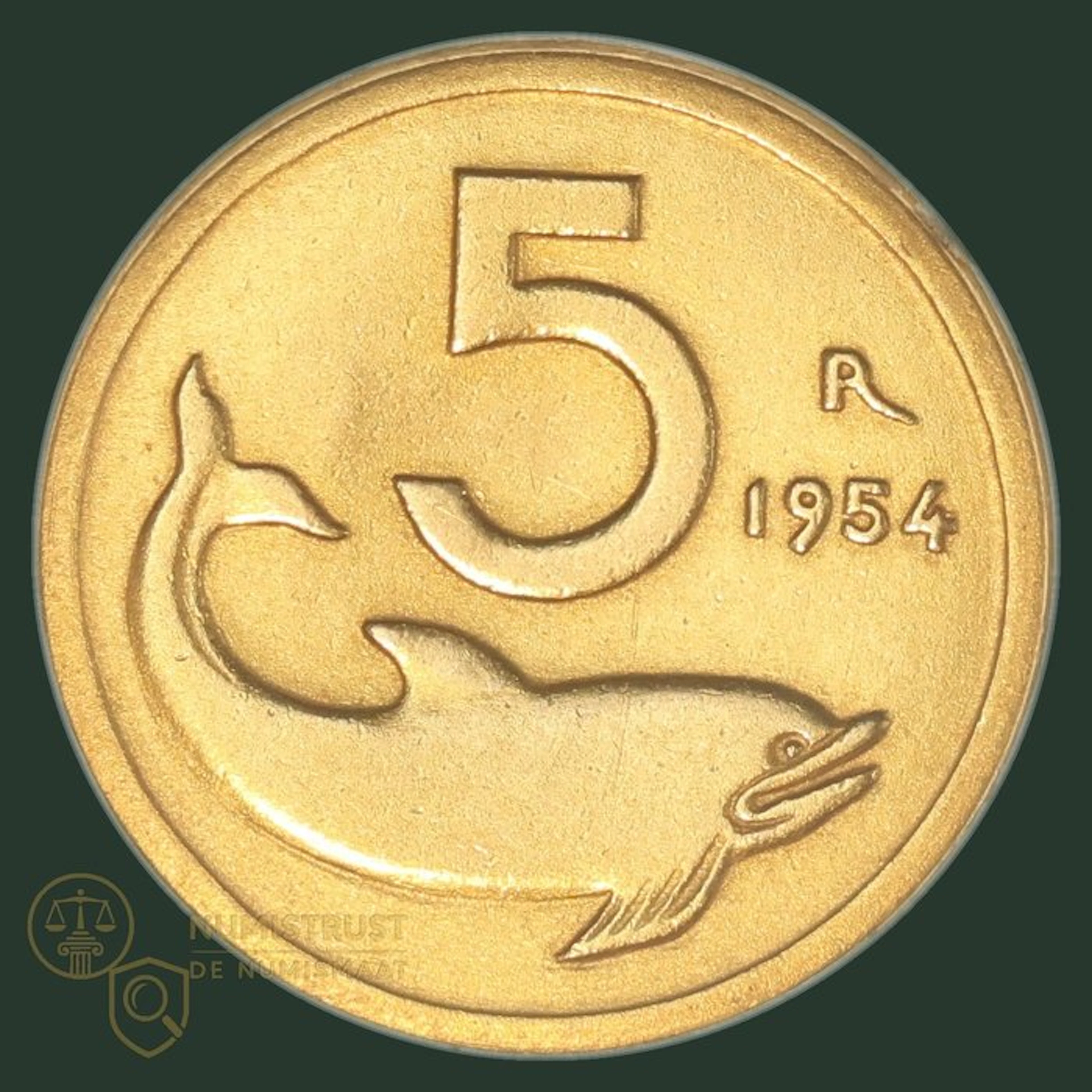 Italy. 5 Lire 1954 naslag in 18kt GOUD "Dolfijn" (No reserve price)
