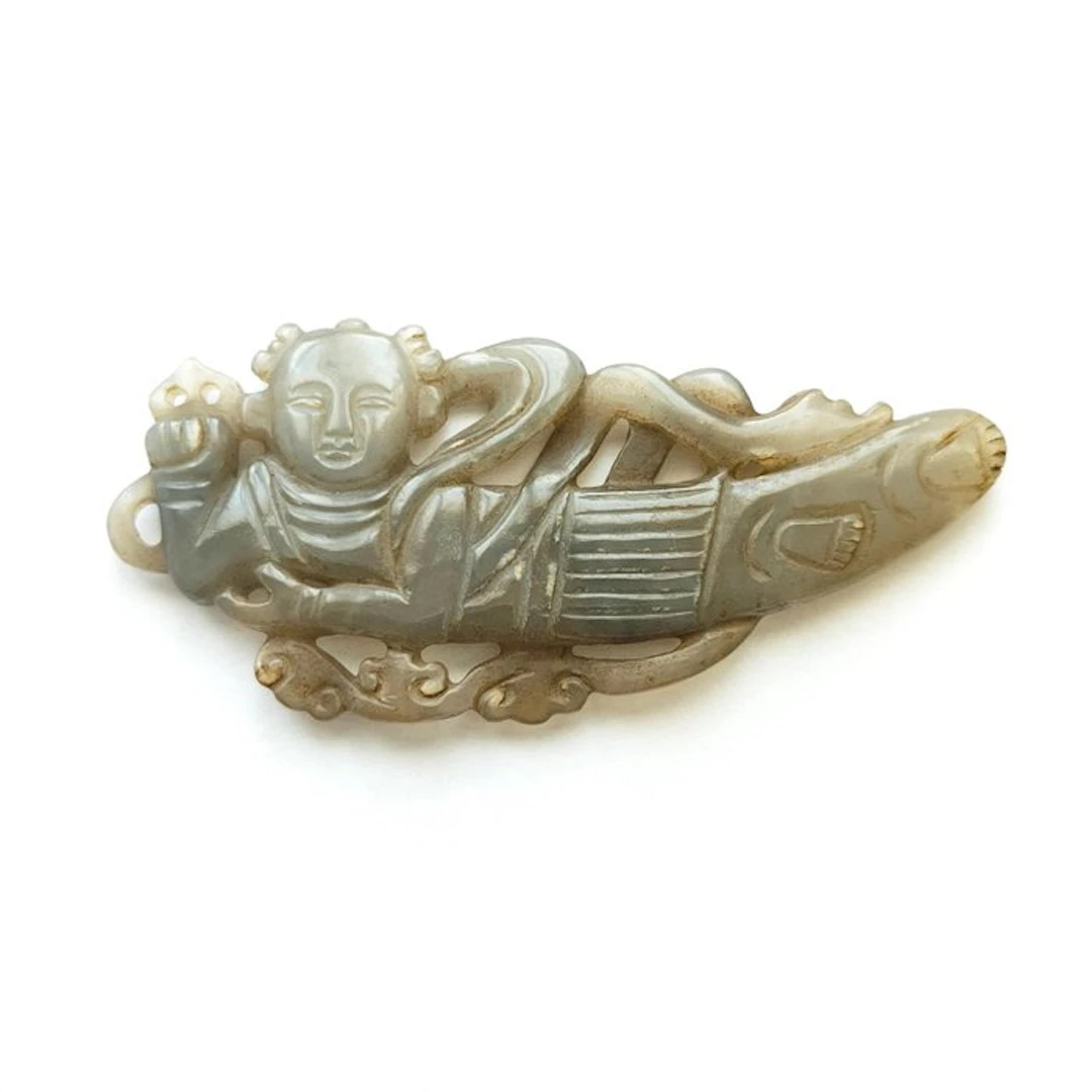 Ancient Chinese Jade (? ) Hard green stone Lying Court...