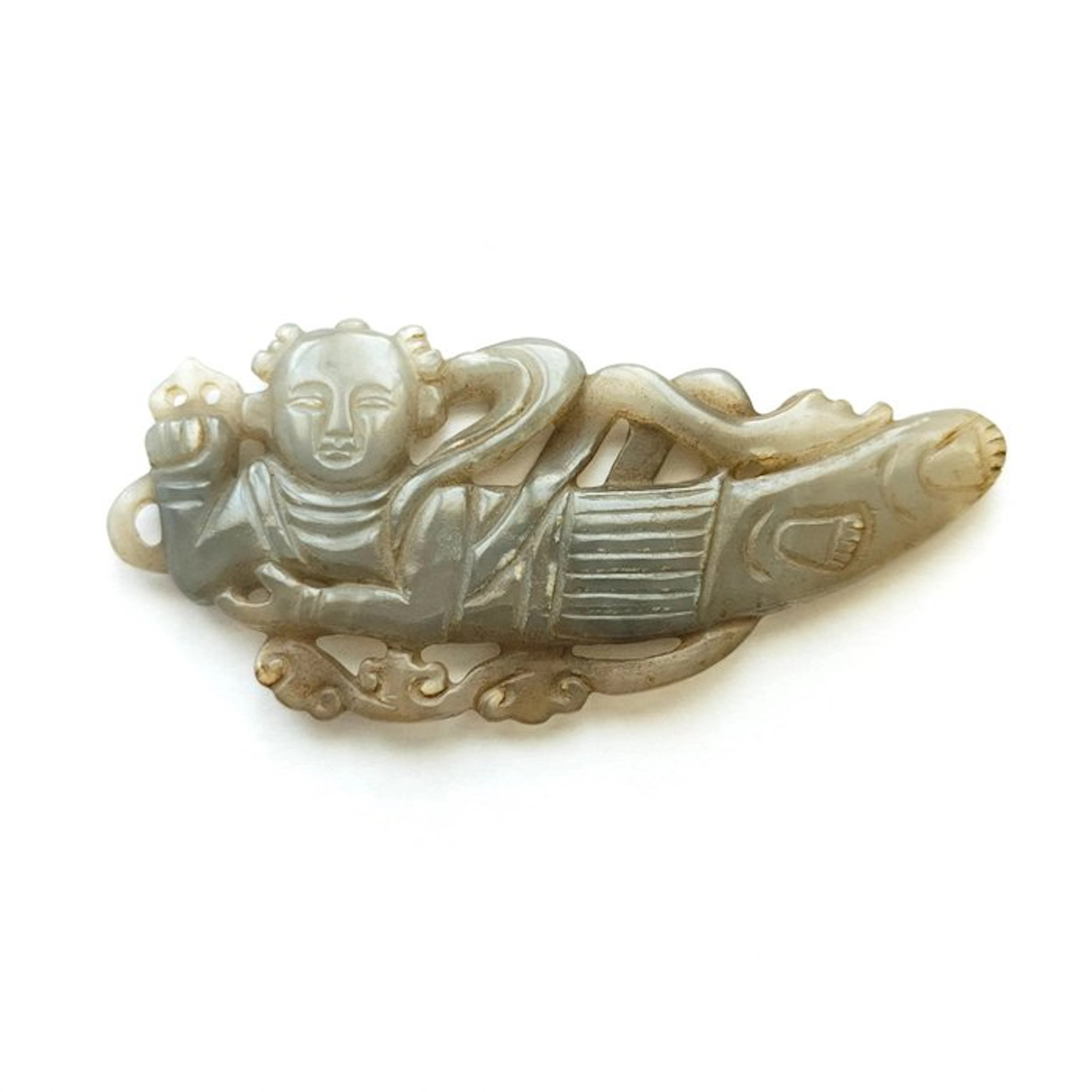 Ancient Chinese Jade (? ) Hard green stone Lying Court...