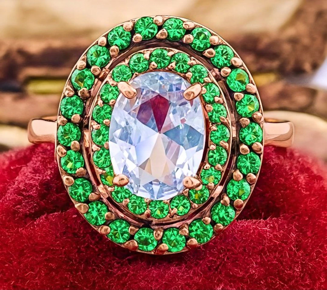 No reserve price - Ring - 9 kt. Rose gold, Silver Aquamarine - Emerald