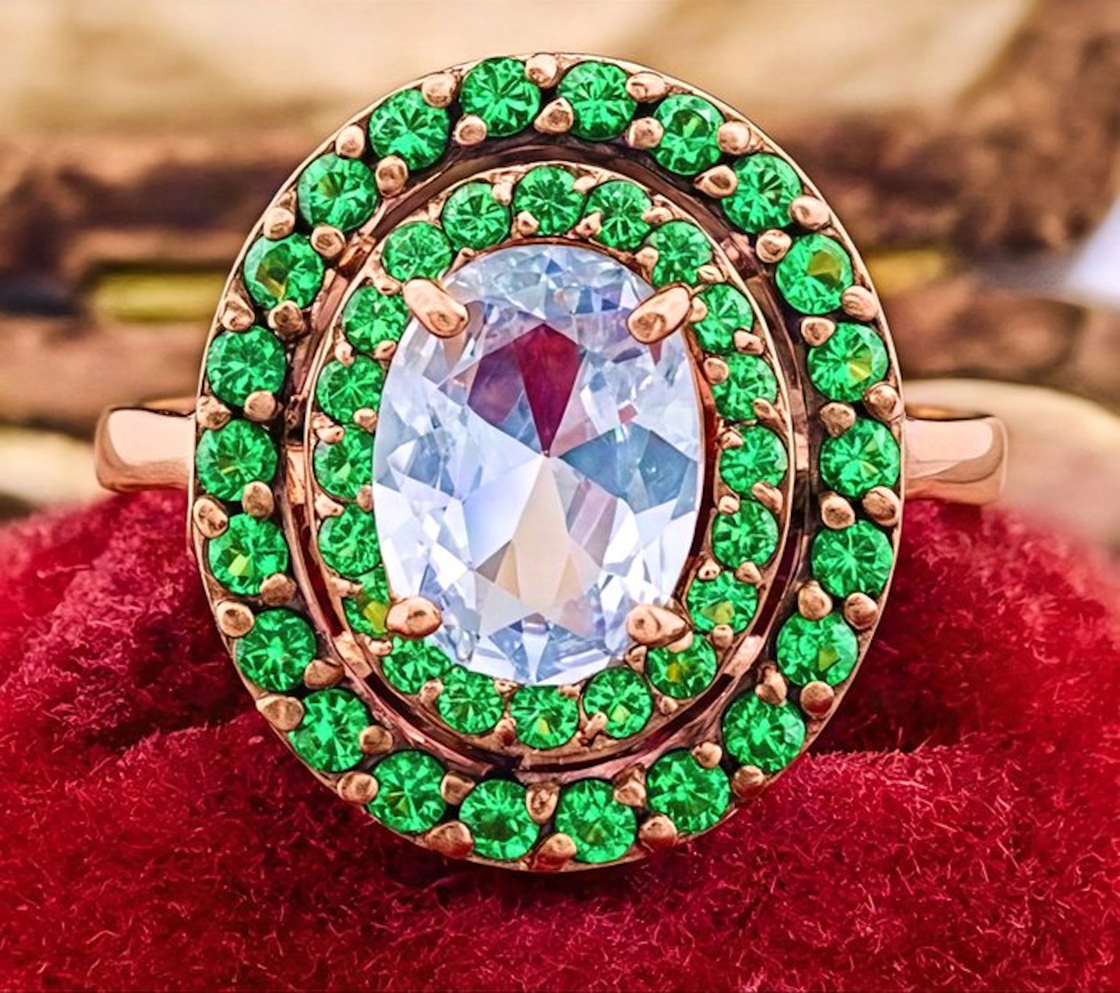 No reserve price - Ring - 9 kt. Rose gold, Silver Aquamarine - Emerald