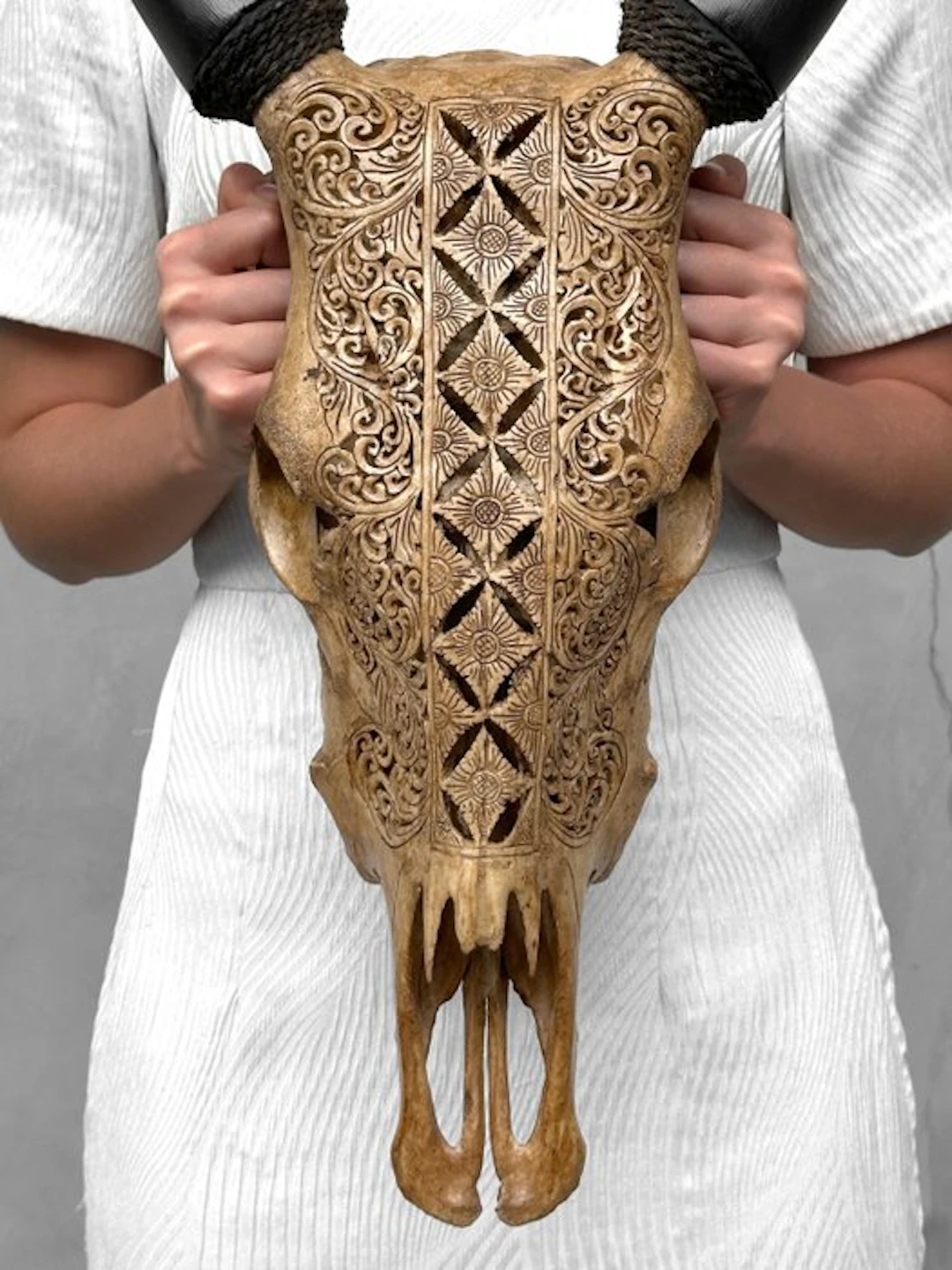 NO RESERVE PRICE - Authentic Brown Hand-Carved Cow Skull...