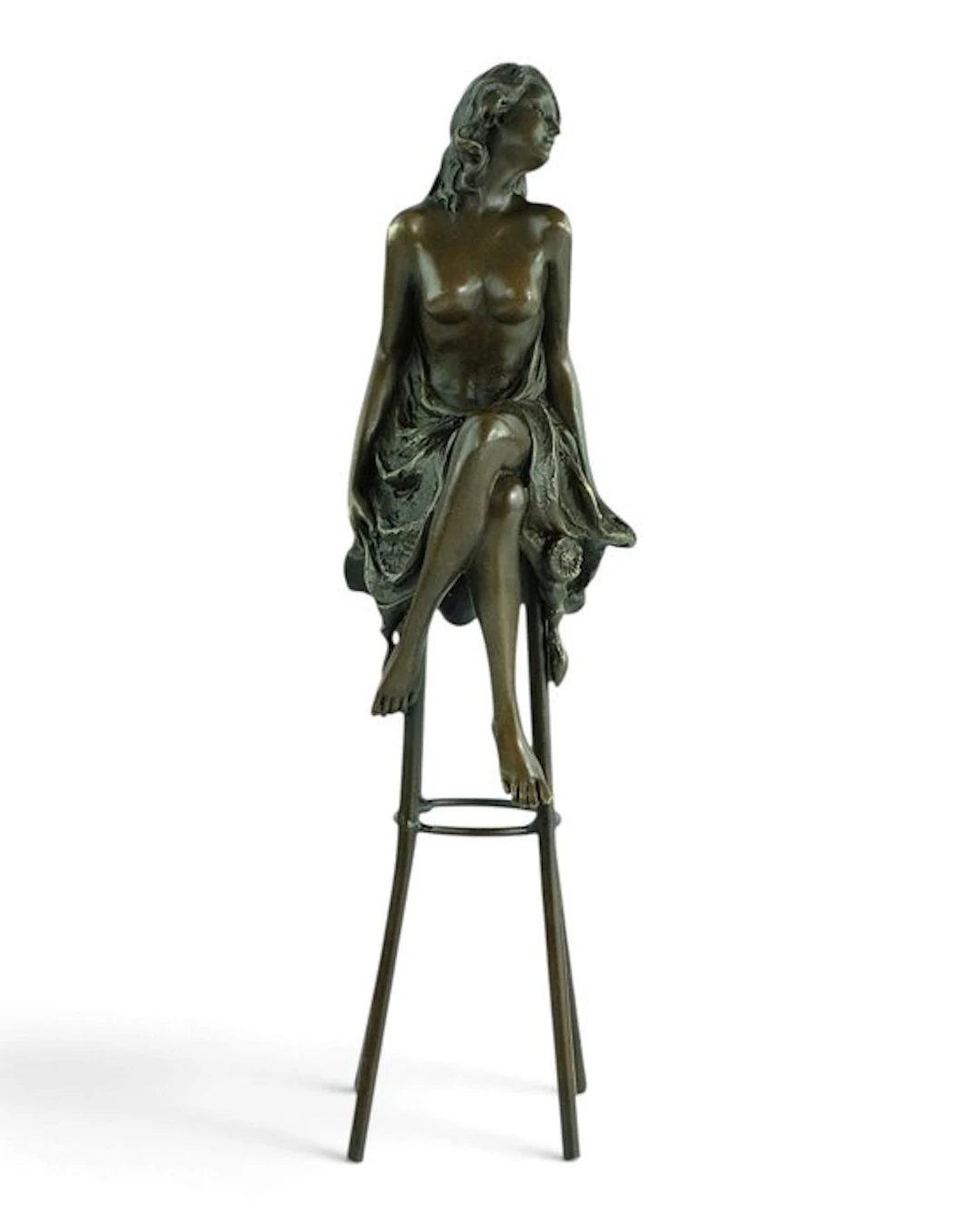 Pierre Collinet - Sculpture, Topless Female on Barstool - 27 cm - Bronze