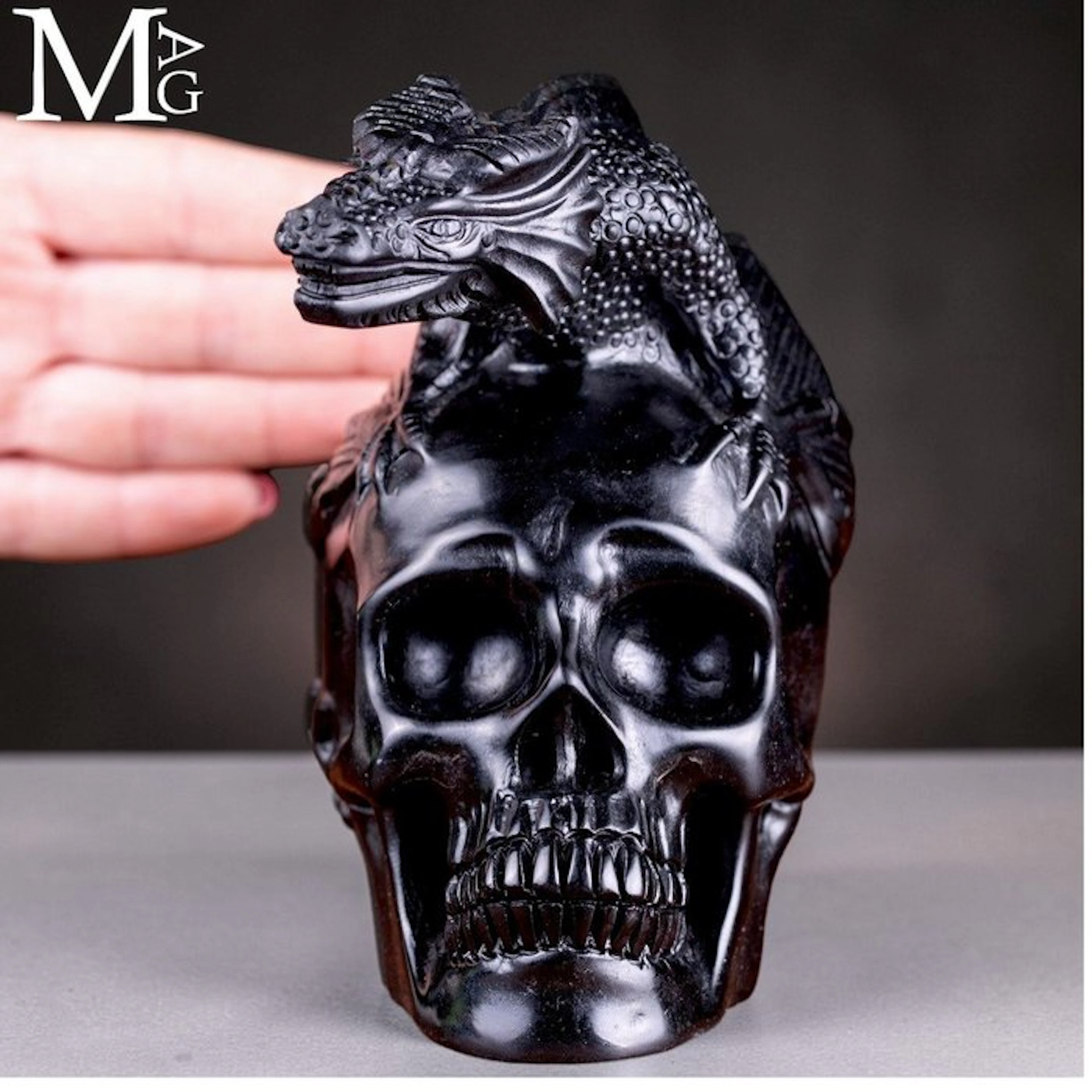 Black Jasper Skull Sculpture - Polished Sculptural...
