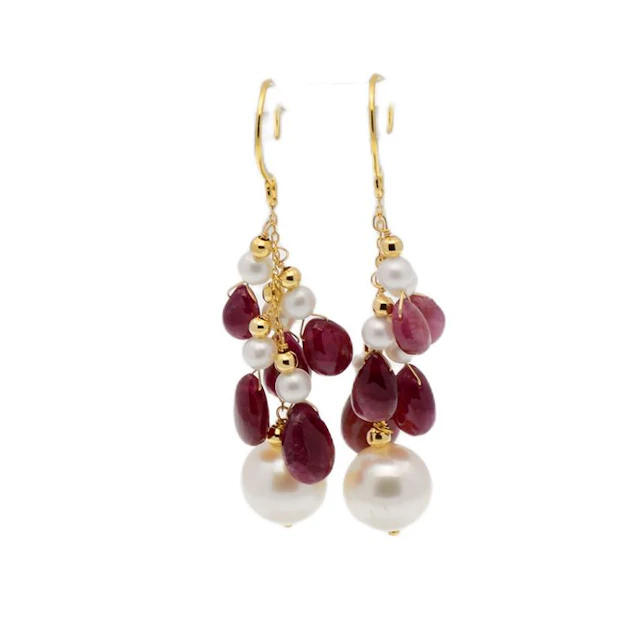 No reserve price - Earrings - 18 kt. Yellow gold Pearl - Ruby