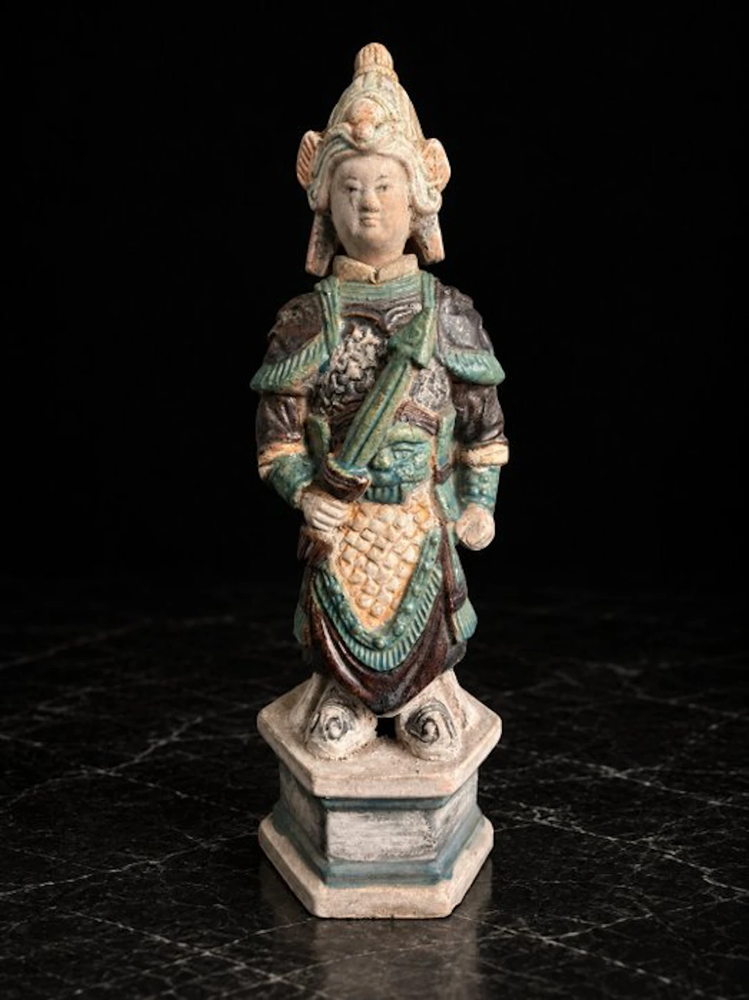 Ancient Chinese, Ming dynasty Terracotta Sancai Fa-Hua Warrior Guard - 37 cm