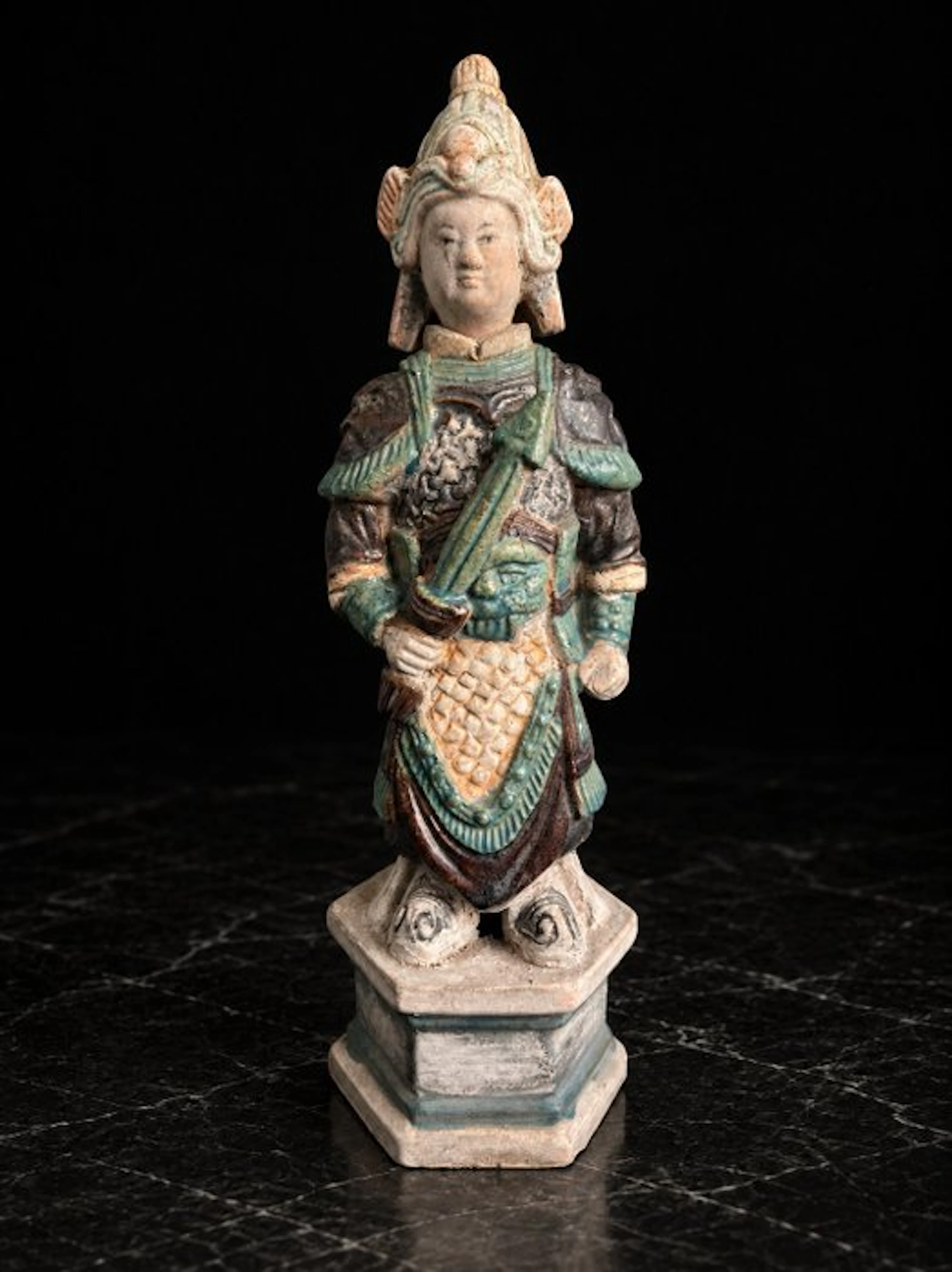 Ancient Chinese, Ming dynasty Terracotta Sancai Fa-Hua Warrior Guard - 37 cm