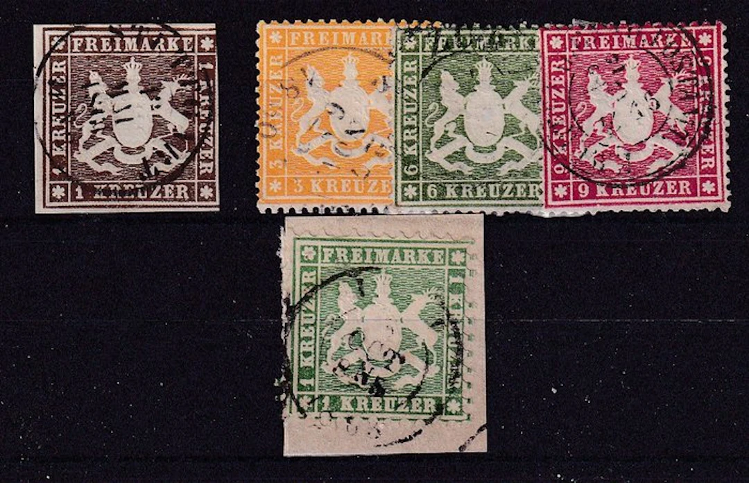 Württemberg 1859/1864 - Composition on insert card. - Michel: 11a,17/19x,25b