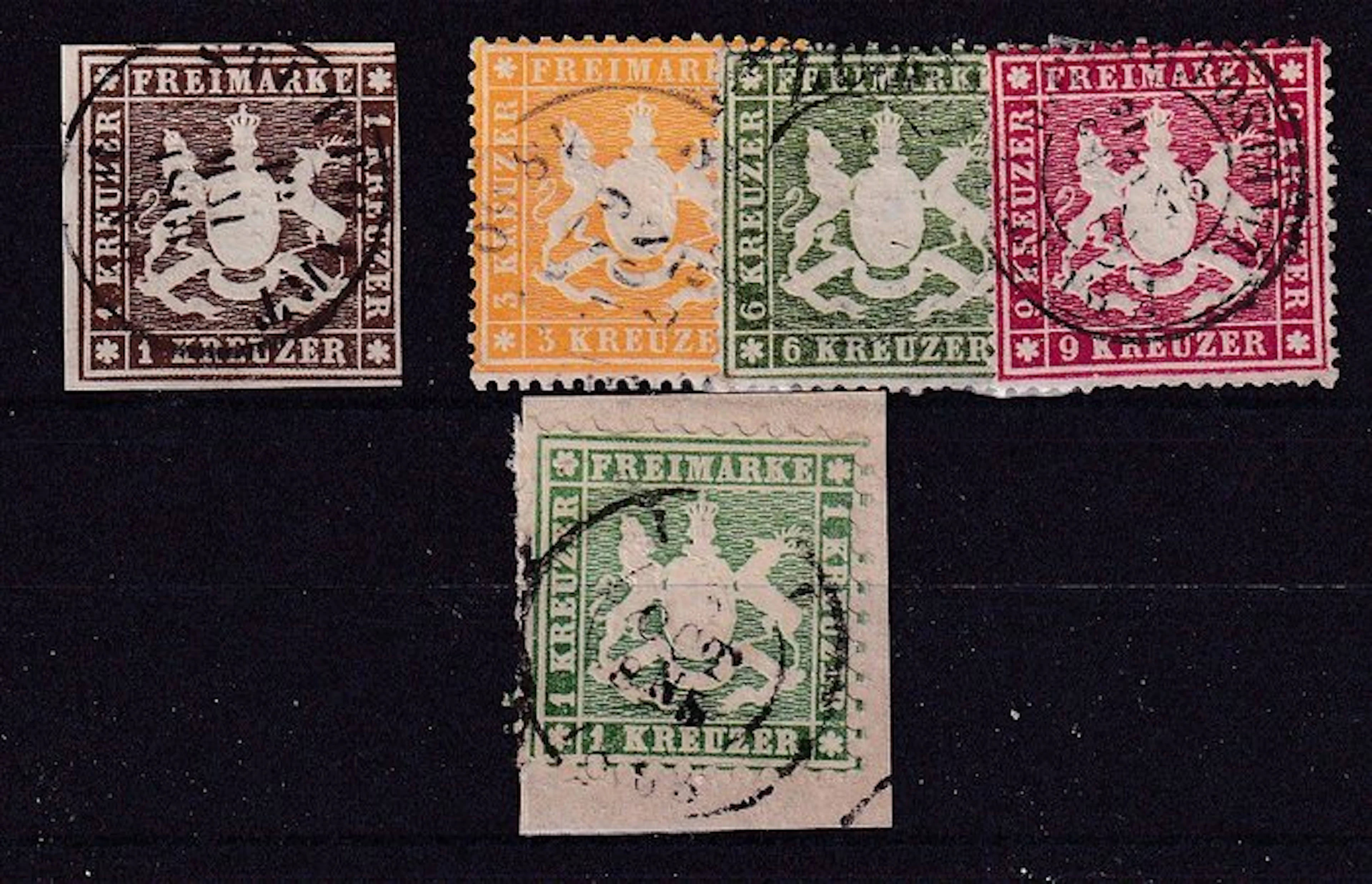 Württemberg 1859/1864 - Composition on insert card. - Michel: 11a,17/19x,25b