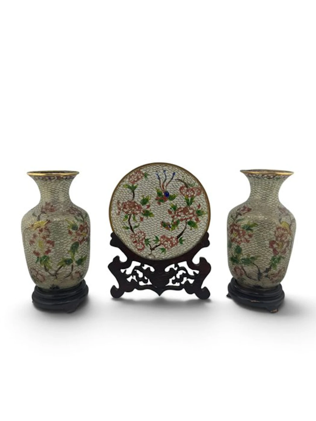 Chinese triptych in vitreous enamel