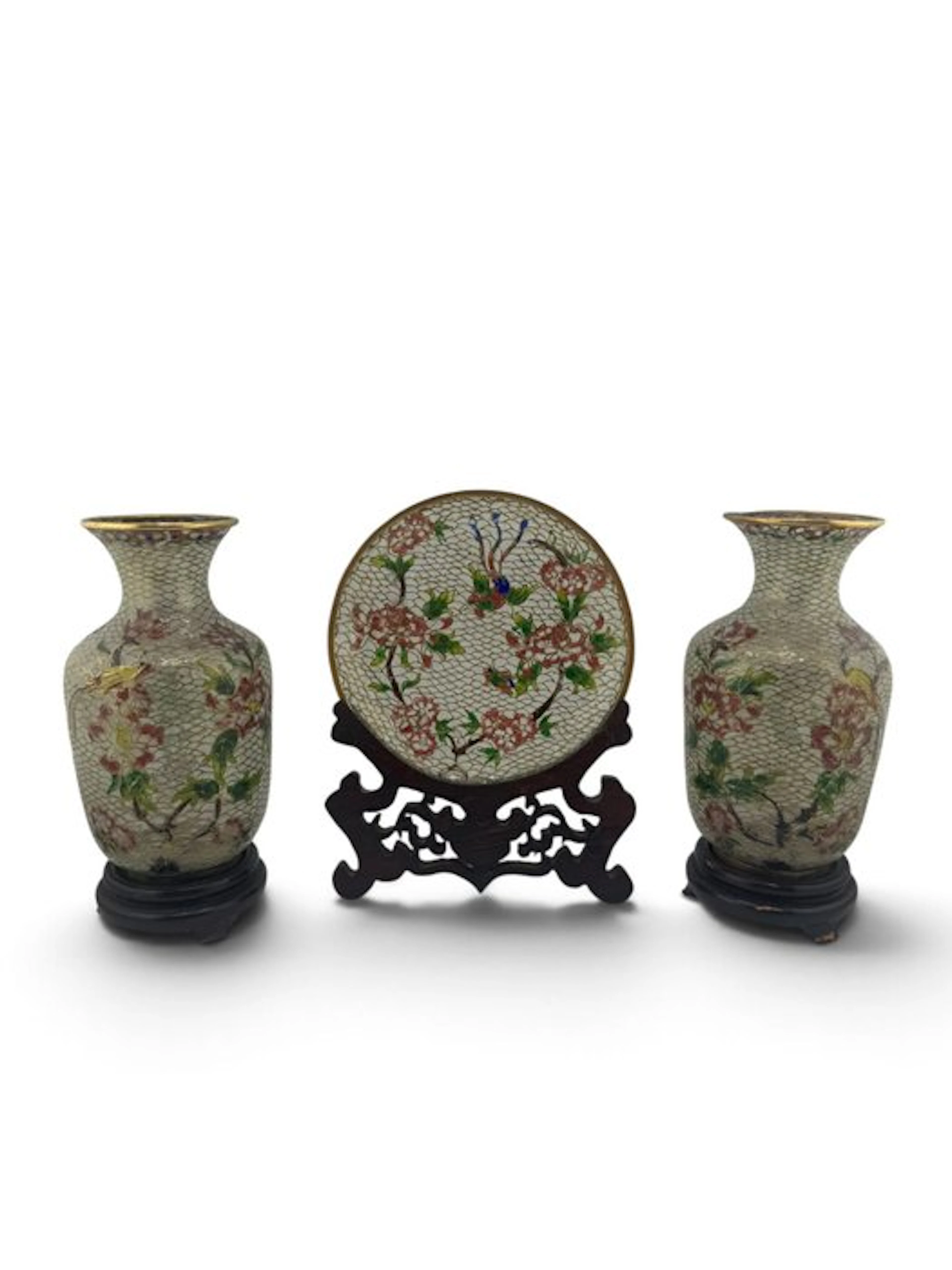 Chinese triptych in vitreous enamel