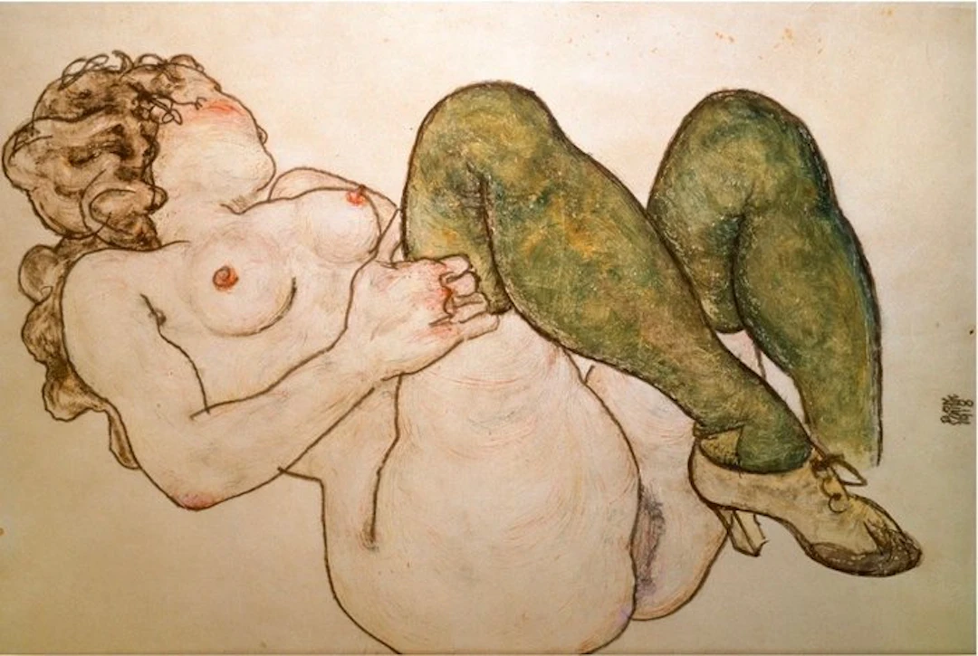 Egon Schiele - "Akt mit grünen Strümpfen, 1918”. Gesigneerd in de plaat.