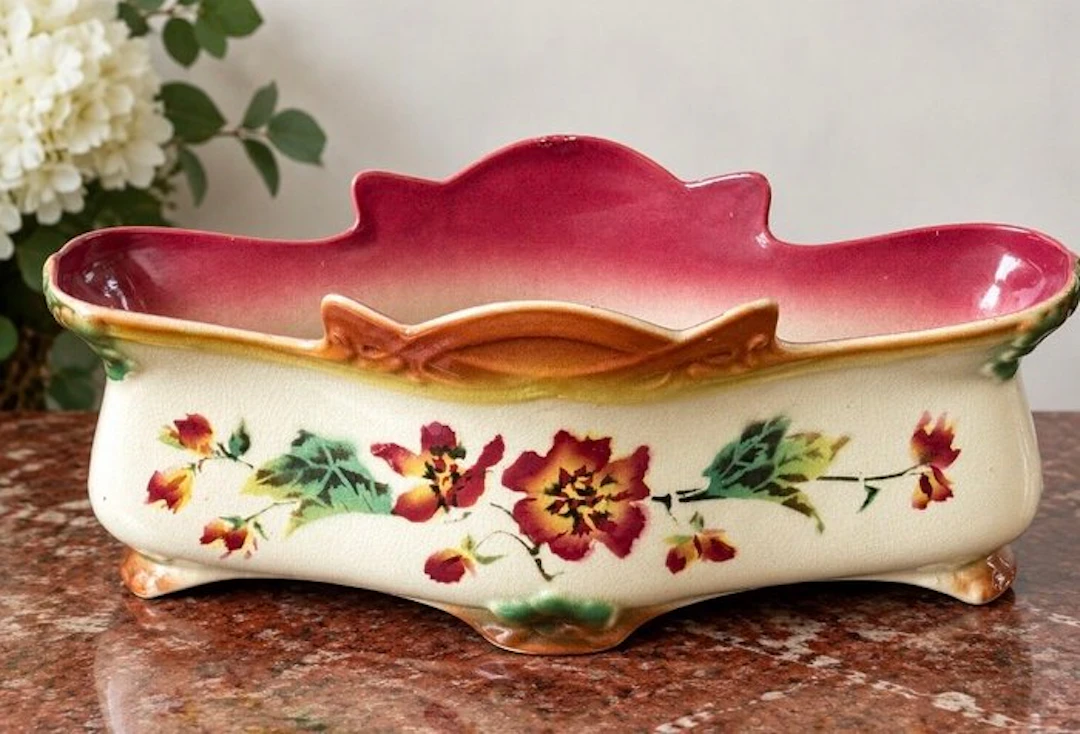 Jardinière - Faience / glazed earthenware - Large Art Nouveau Floral