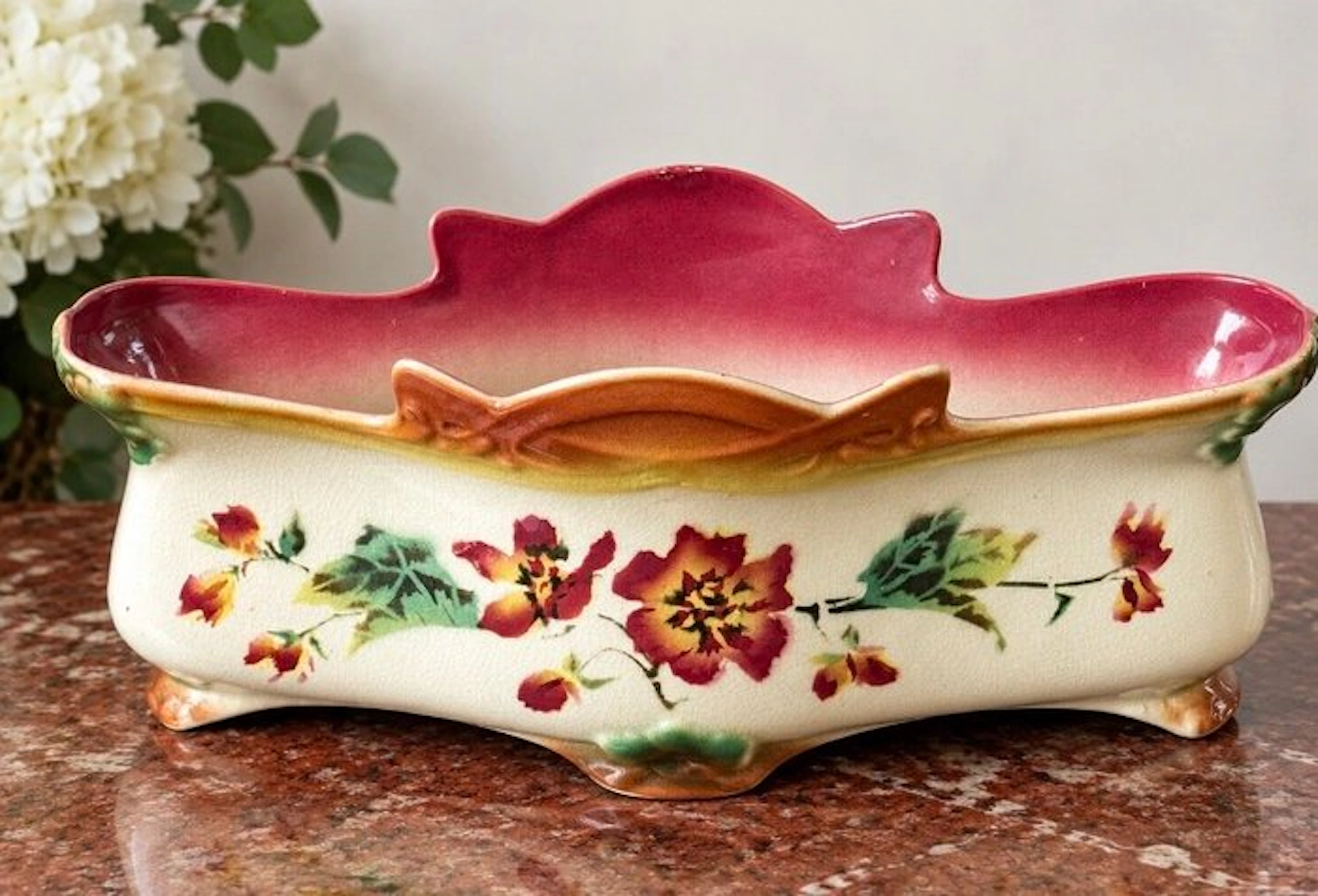 Jardinière - Faience / glazed earthenware - Large Art Nouveau Floral