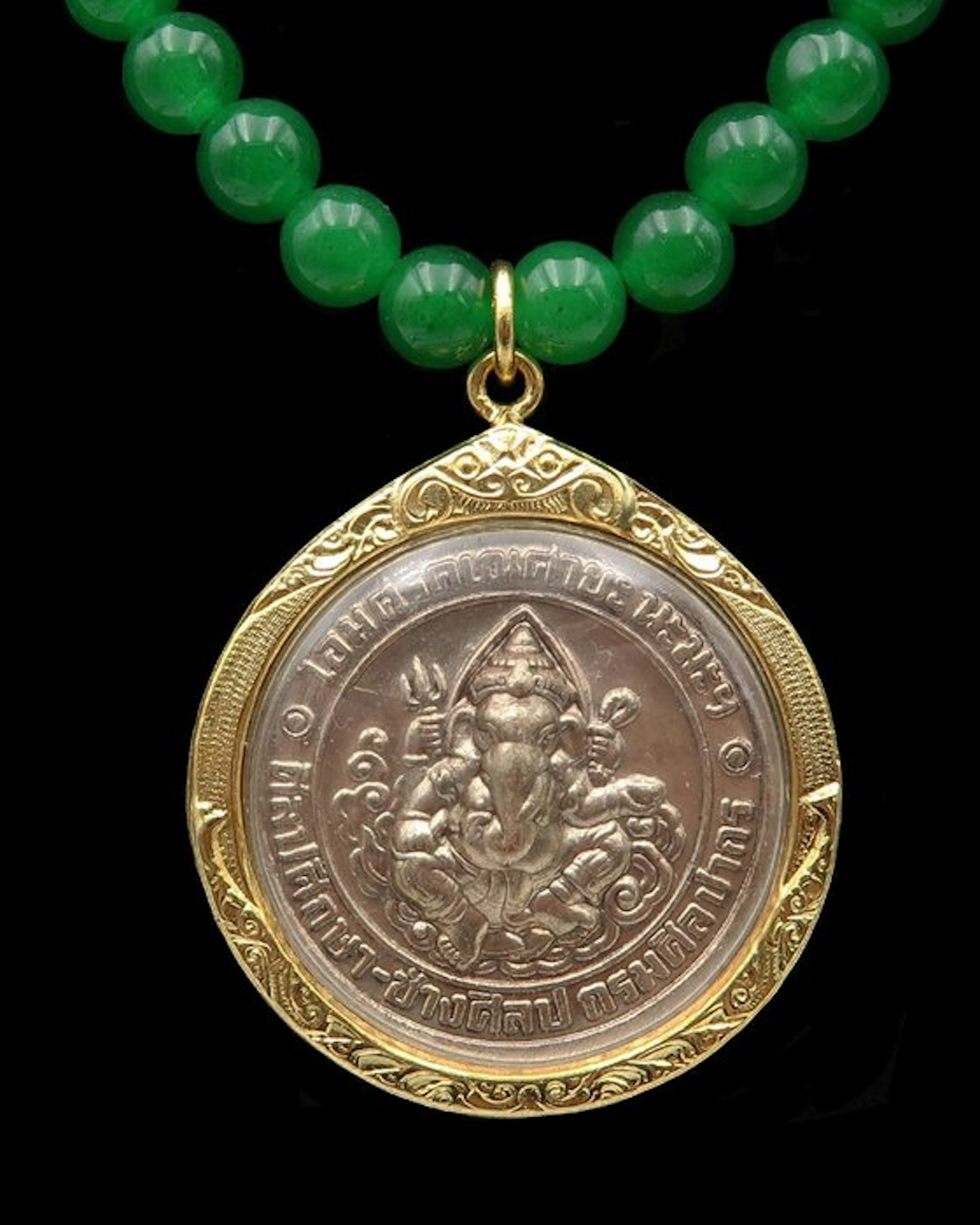 Emerald - Buddhist necklace - reliquary - God Ganesha...