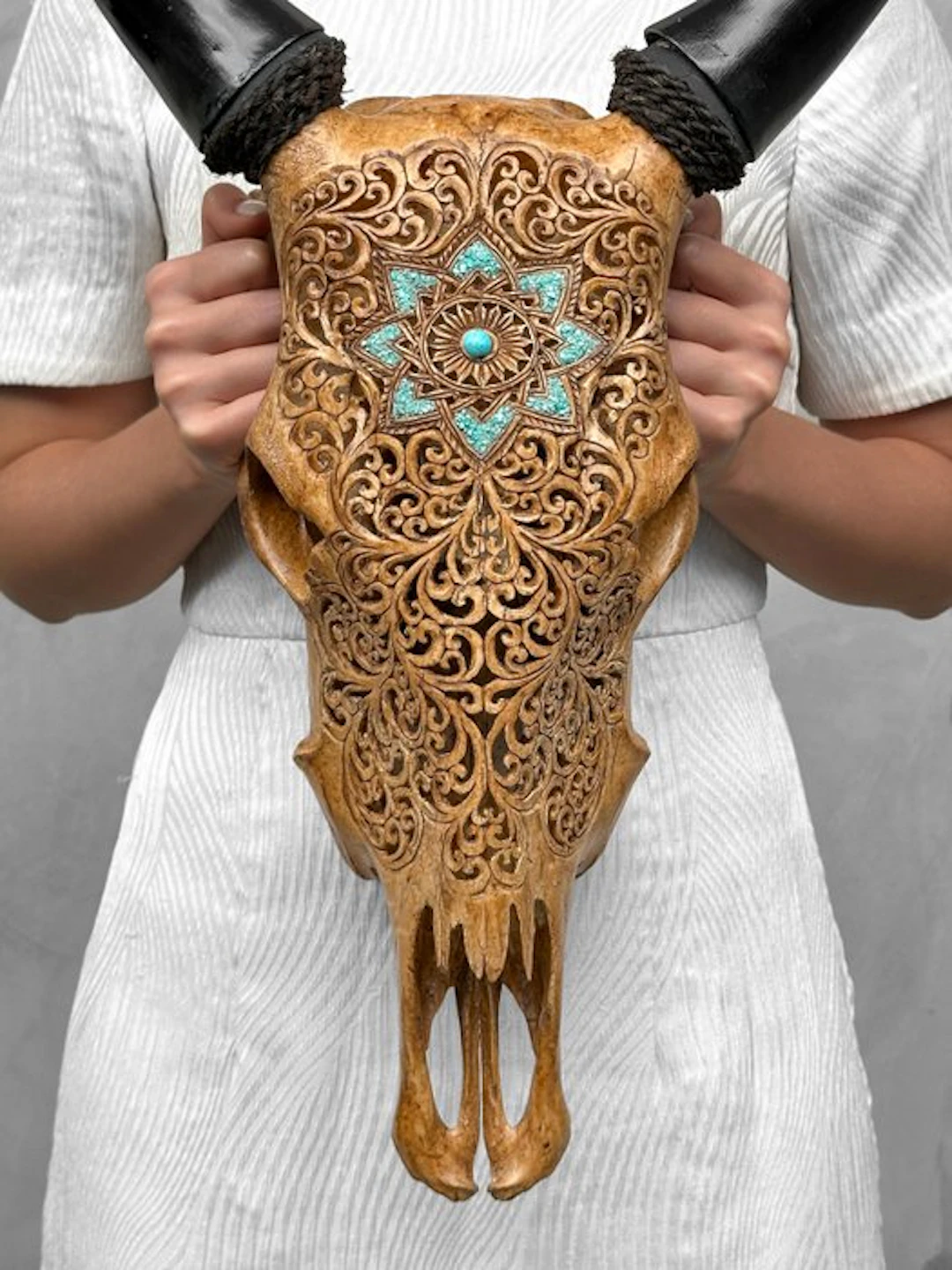 NO RESERVE PRICE - Authentic Brown Carved Cow Skull...