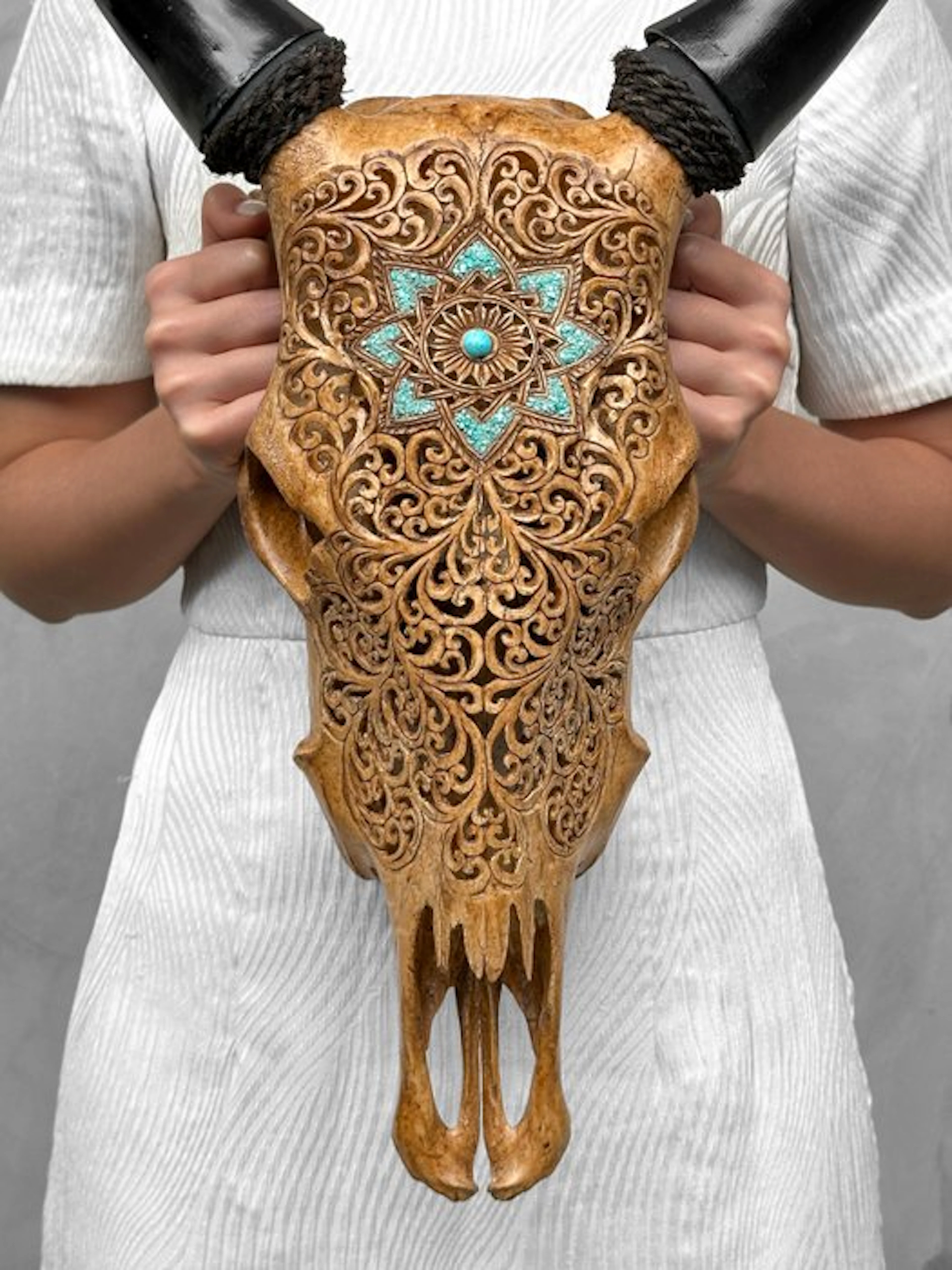 NO RESERVE PRICE - Authentic Brown Carved Cow Skull...
