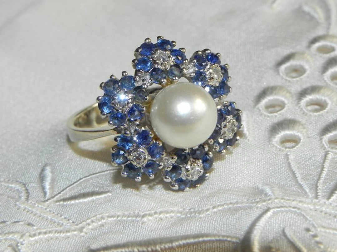 Cocktail ring - 14 kt. White gold Diamond (Natural) - Sapphire
