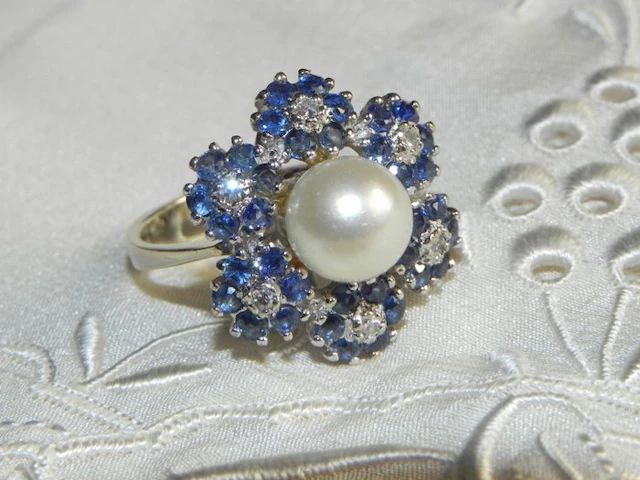 Cocktail ring - 14 kt. White gold Diamond (Natural) - Sapphire