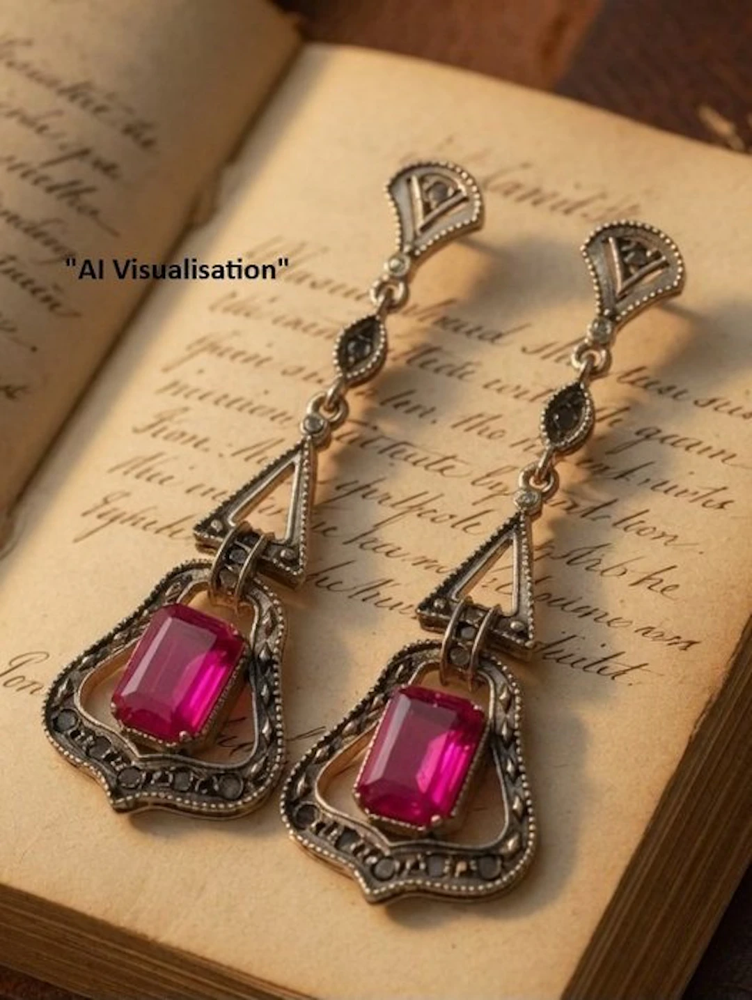 No reserve price - Earrings - 9 kt. Rose gold, Silver Ruby - Diamond