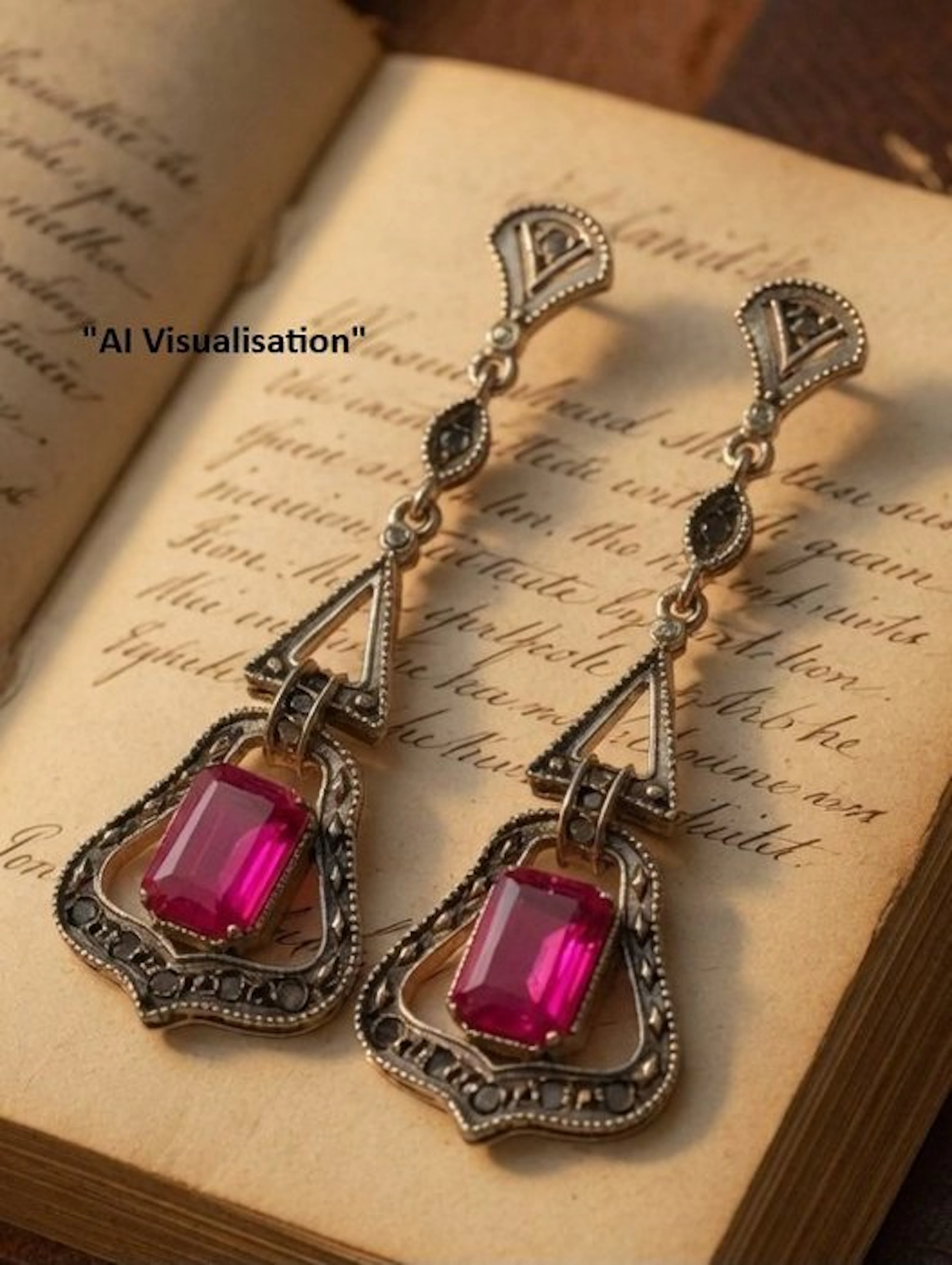 No reserve price - Earrings - 9 kt. Rose gold, Silver Ruby - Diamond