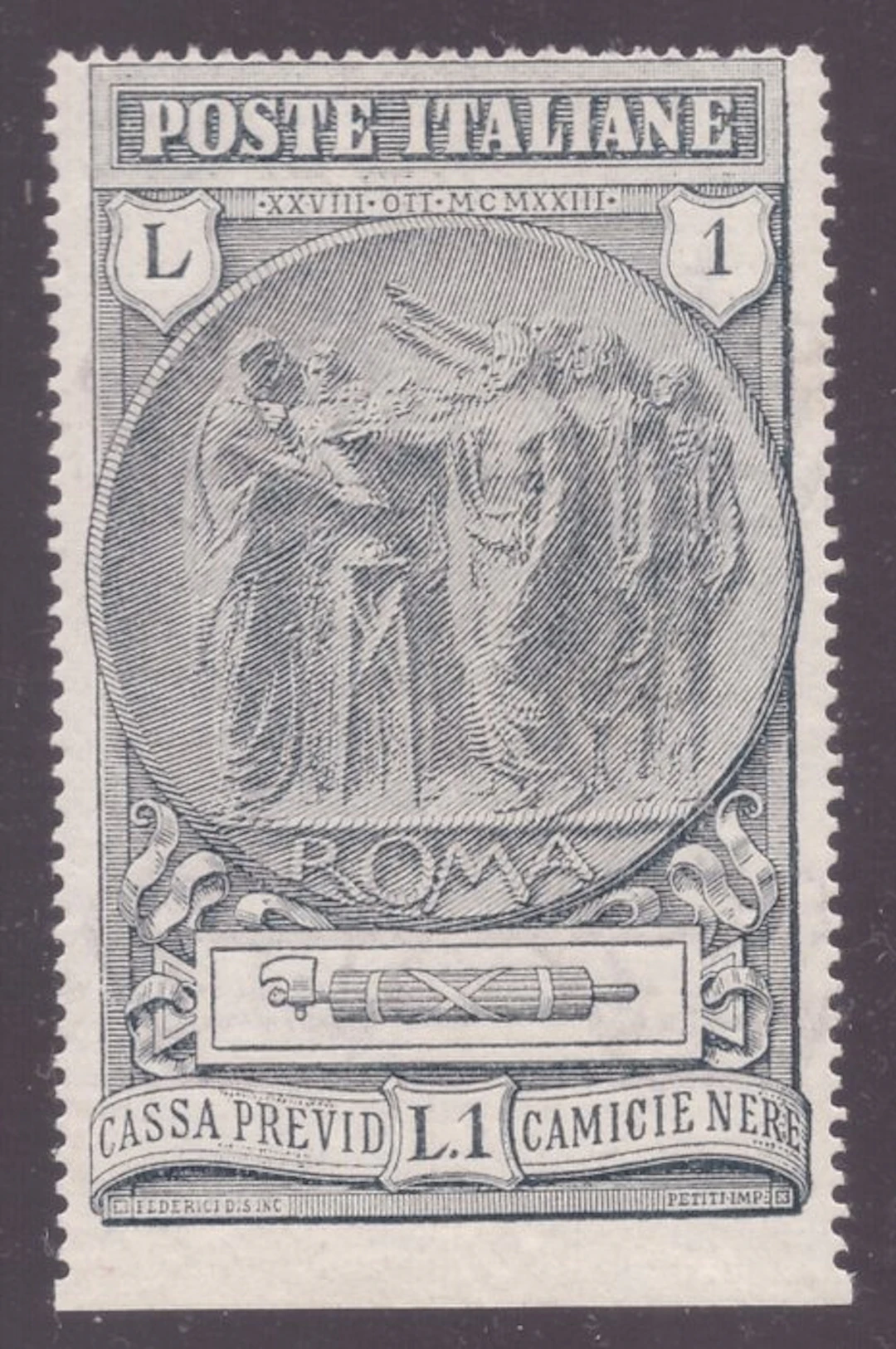 Italy Kingdom 1923 - 1 lira Black Shirts not serrated at the bottom - Sassone N