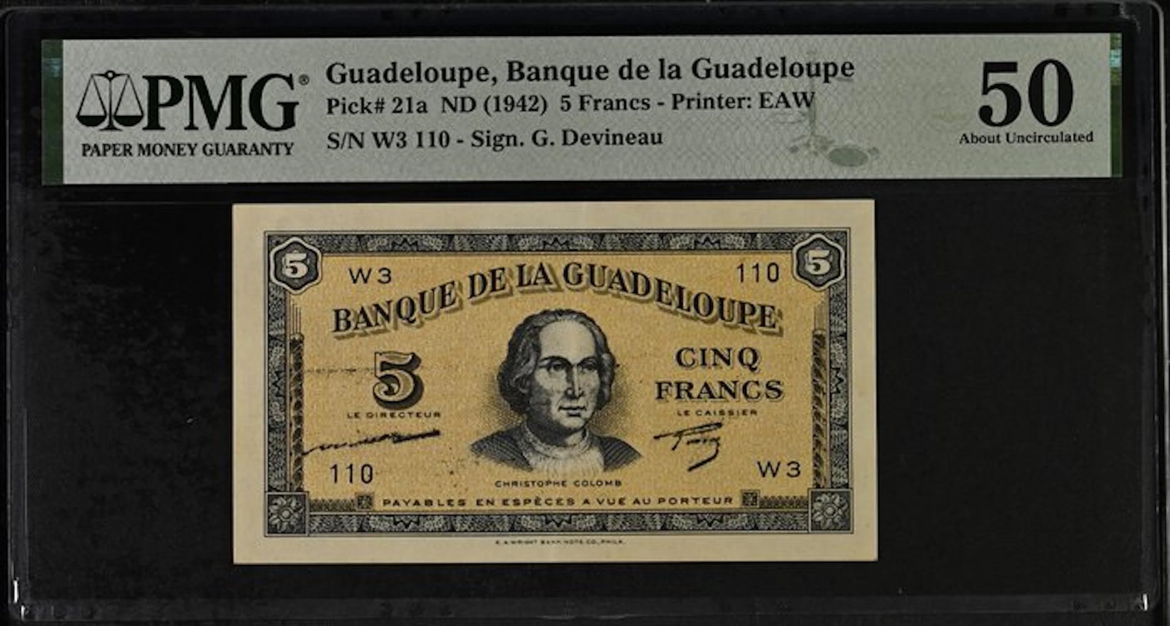 Guadeloupe. - 5 Francs - ND (1942) - PMG 50 - Pick 21a (No reserve price)