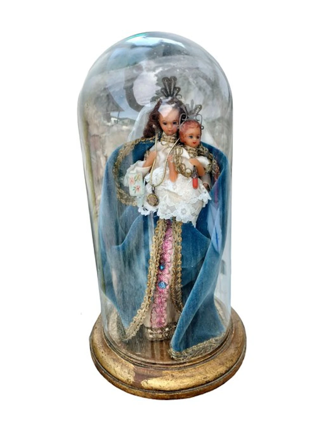 Statue - Virgin with the Child under a glass bell - 30 - Wax