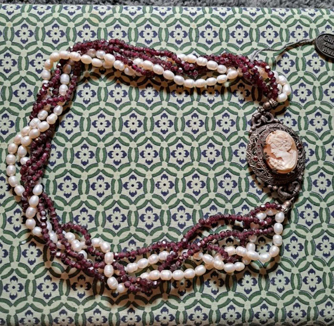 No reserve price - Choker necklace Silver, Pearl Pearl - Garnet