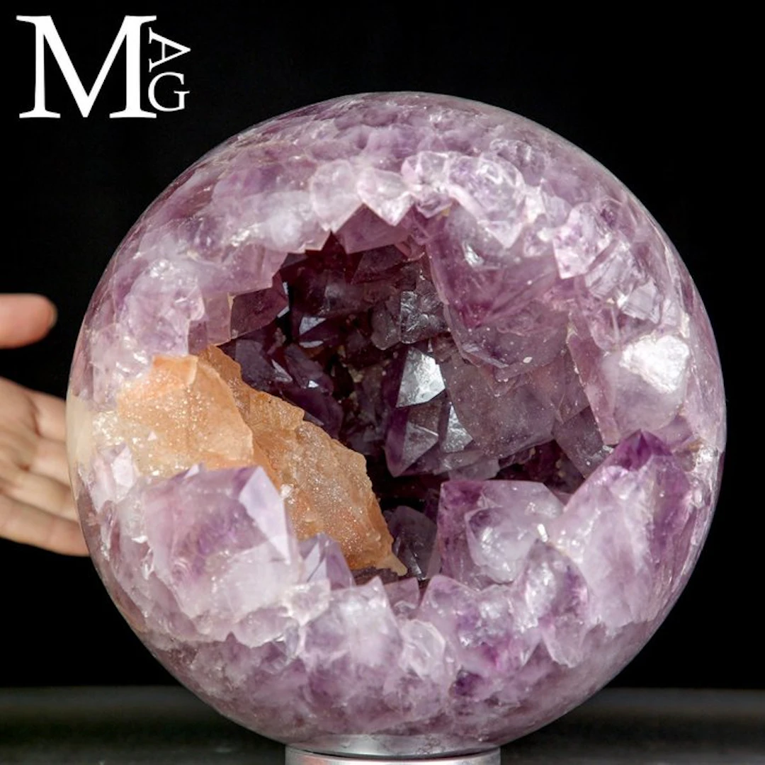 Museum-Quality Amethyst Geode Sphere with Orange Calcite...