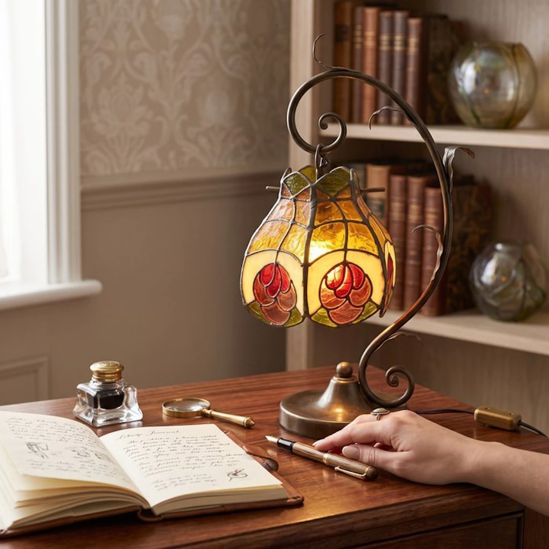 Table lamp - Model 'Tiffany' – Handcrafted with Swan Neck and Bronzed Arm