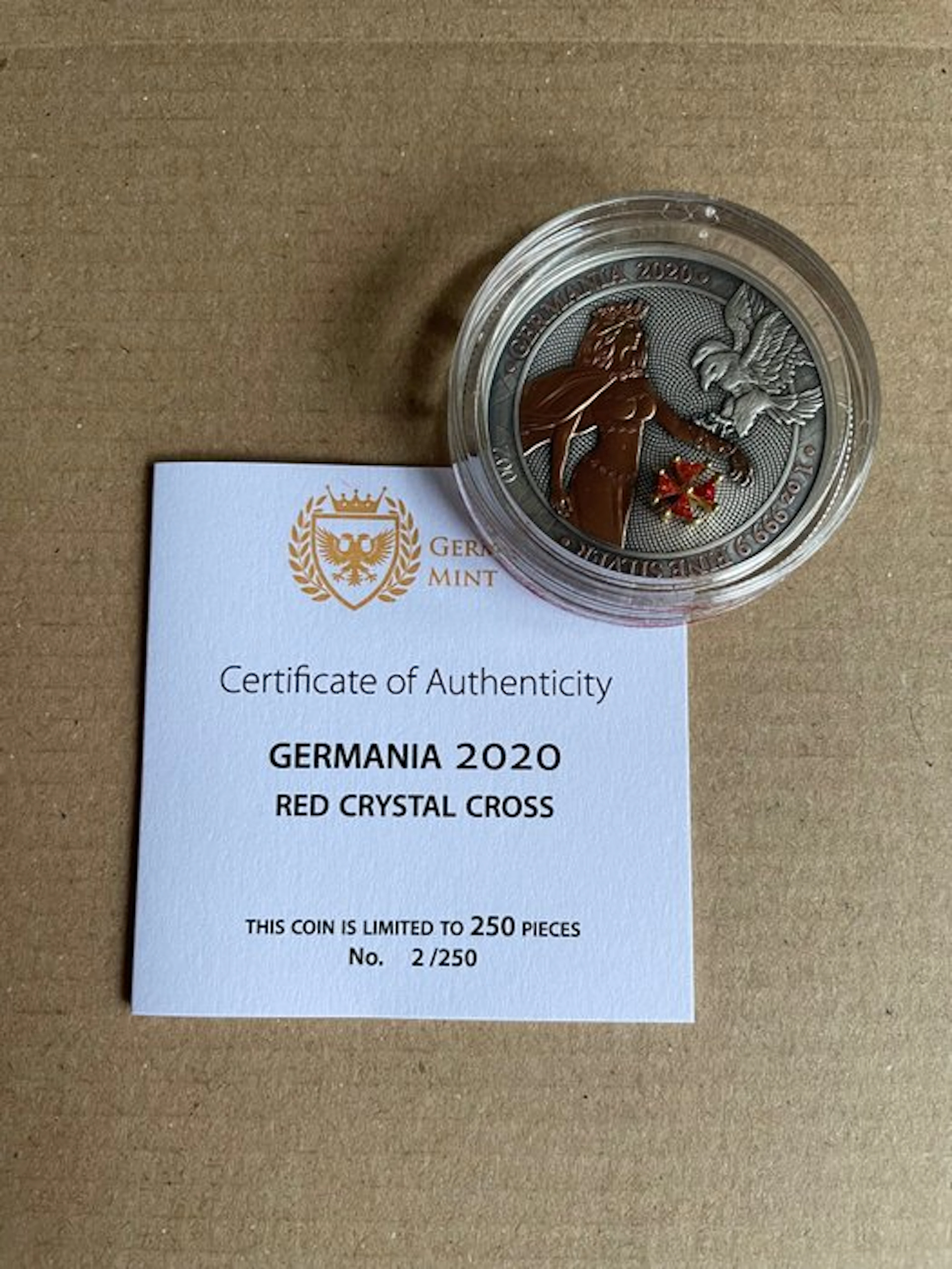 Germany. 5 Mark 2020 Germania Red Crystal Cross Numbered - 1 Oz No:002, (.999)