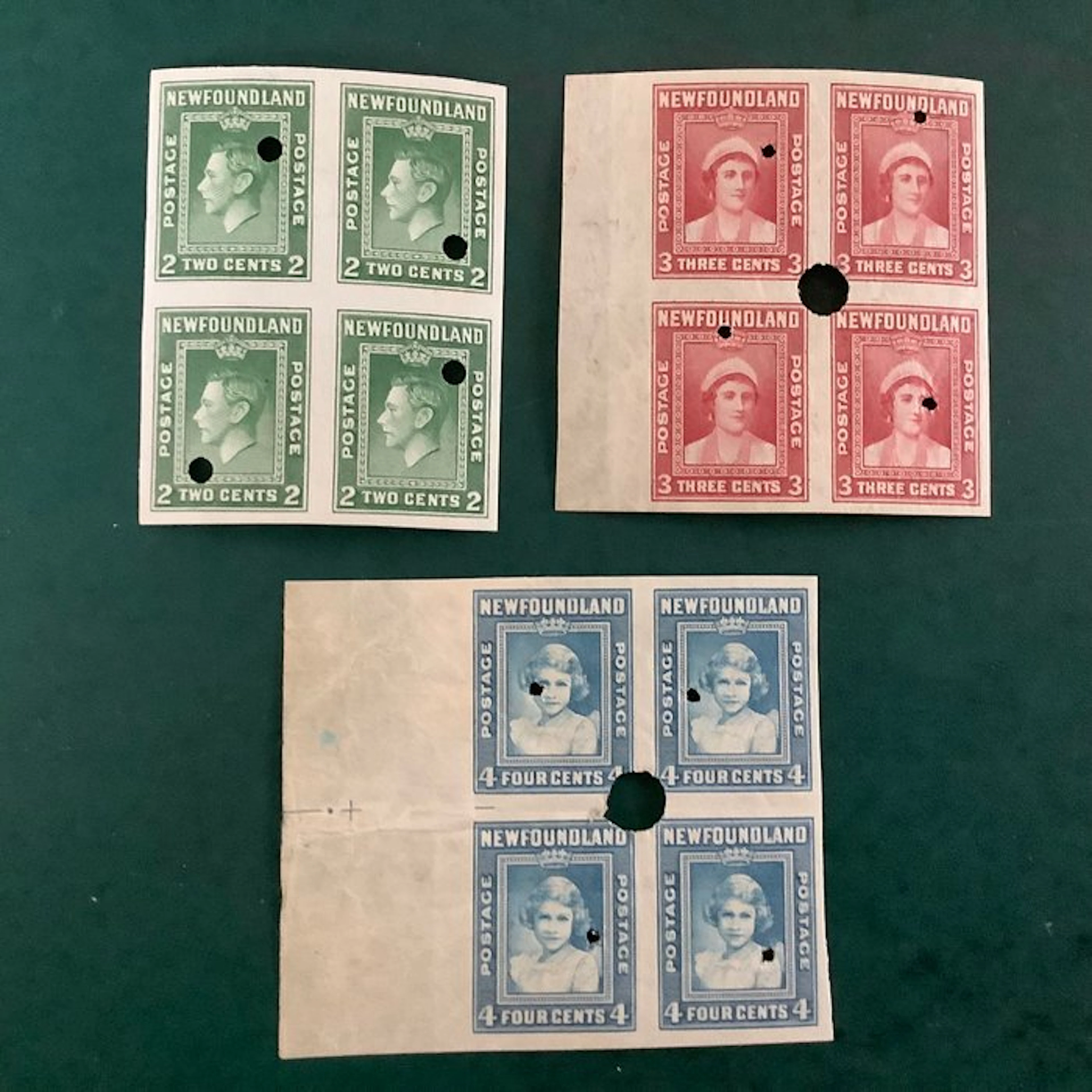 Newfoundland 1938 - Proof; three blocks of four uncut —...