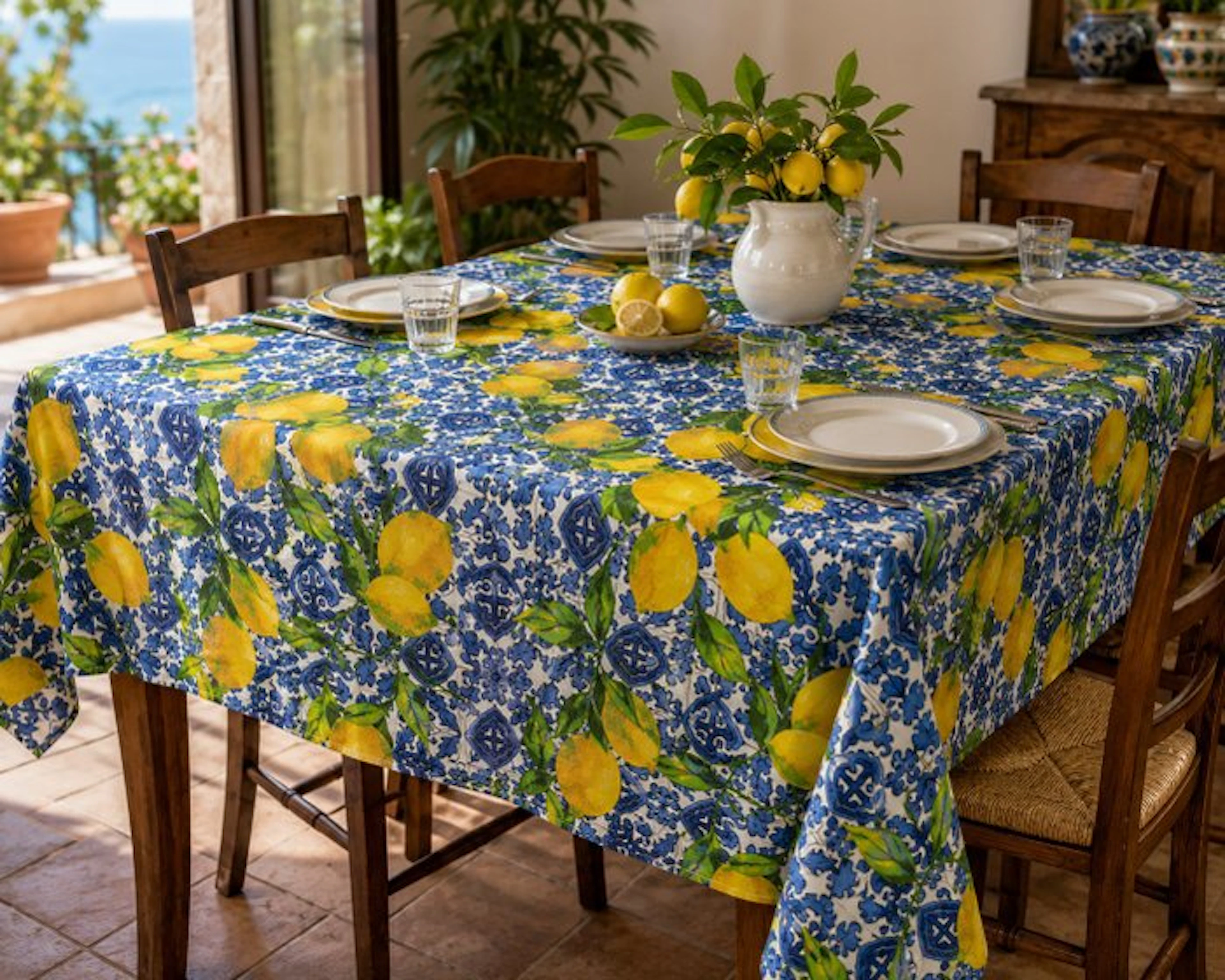 Country-style tablecloth with majolica tiles and lemons