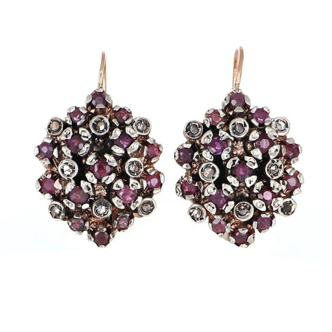 No reserve price - Earrings - 12 kt. Rose gold, Silver Ruby - Diamond