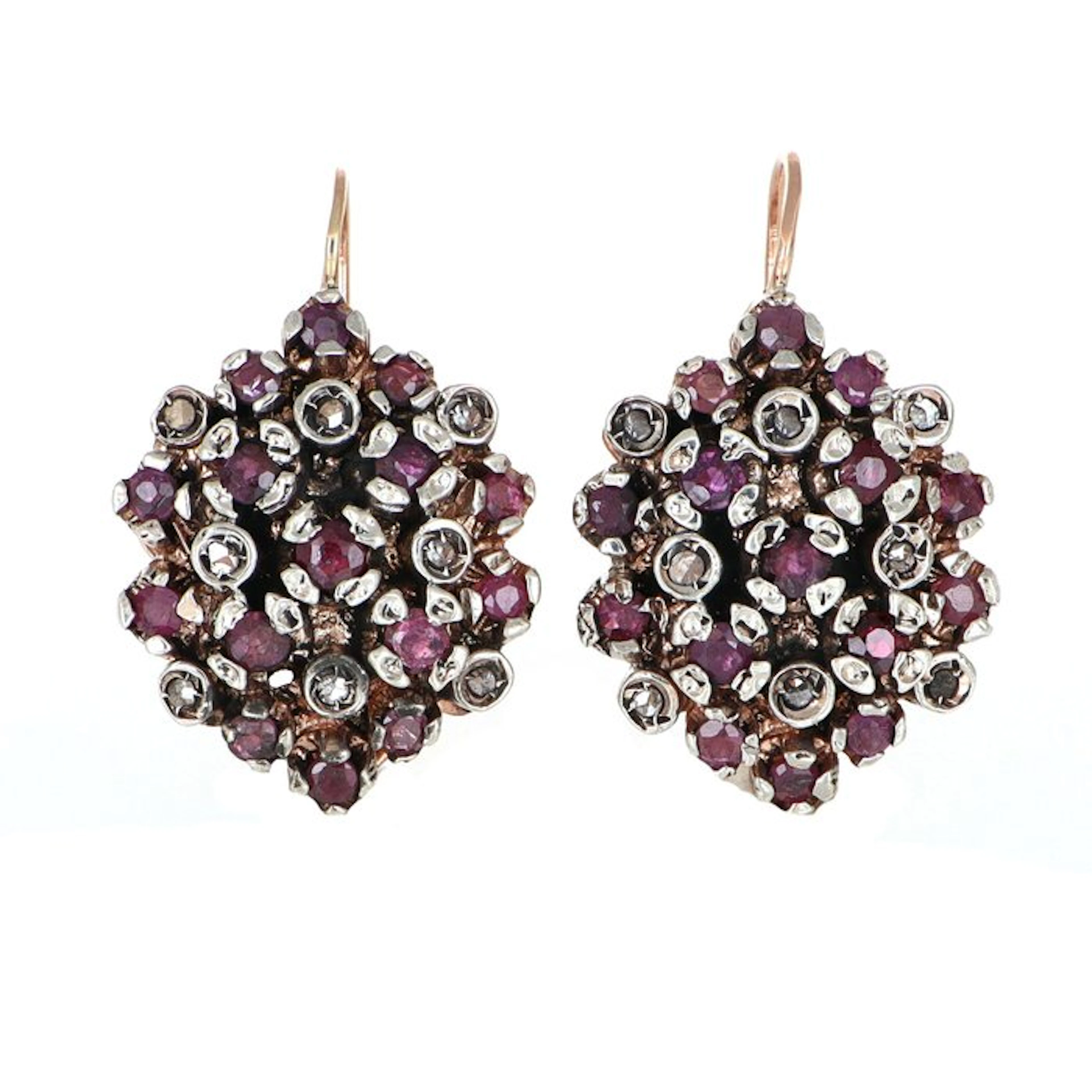 No reserve price - Earrings - 12 kt. Rose gold, Silver Ruby - Diamond