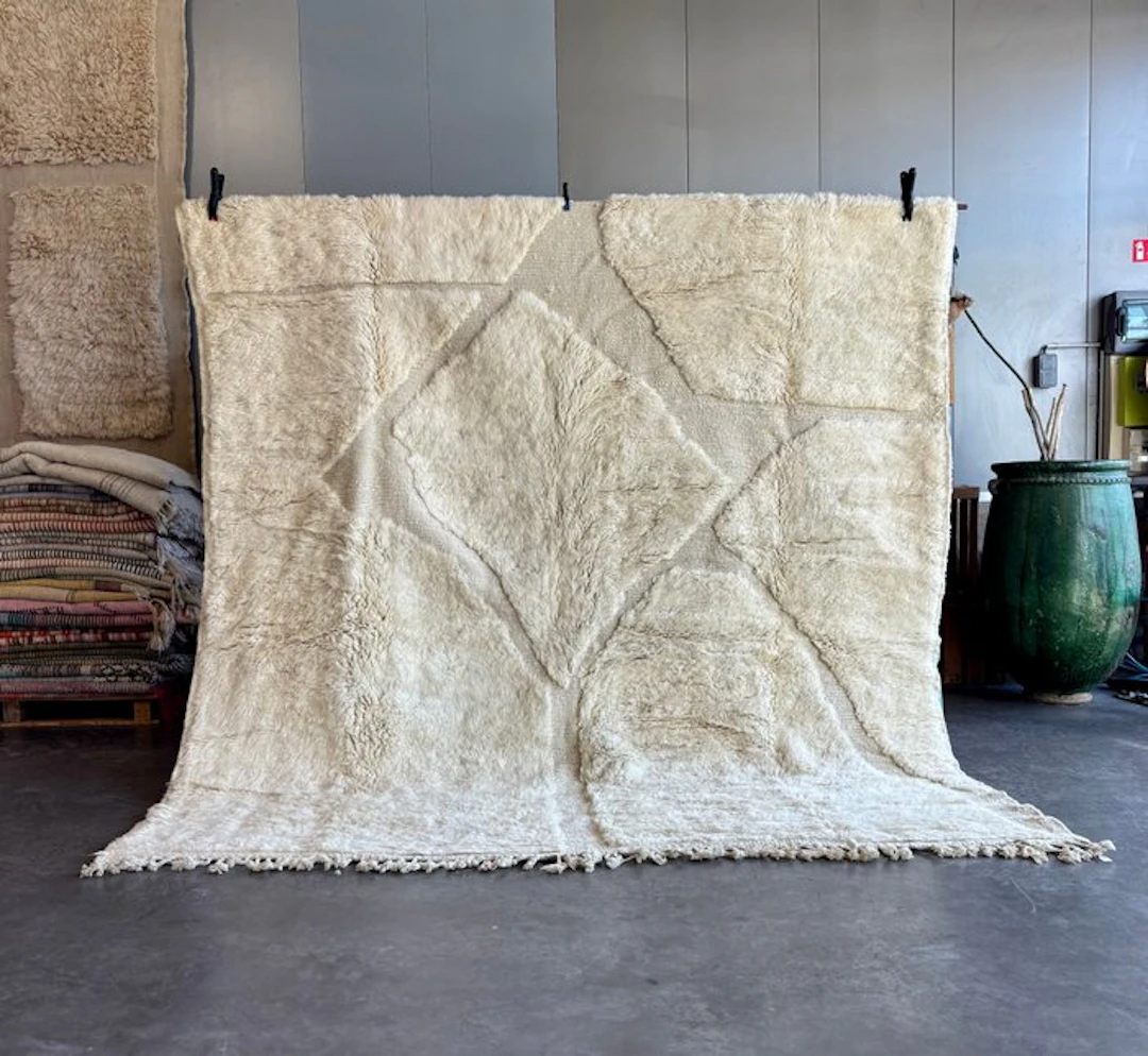 Moroccan Square Mrirt Wool Rug – Handmade Ivory Berber...