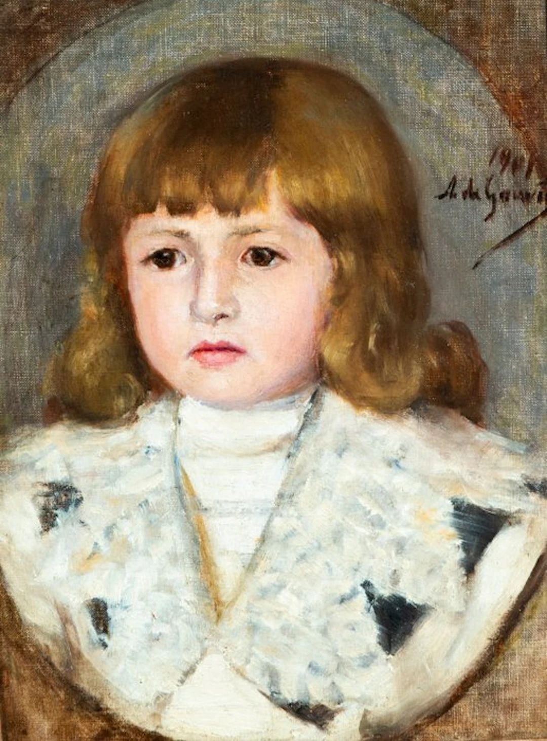 A. de Gouwin (XIX) - Retrato de niña con vestido blanco y azul