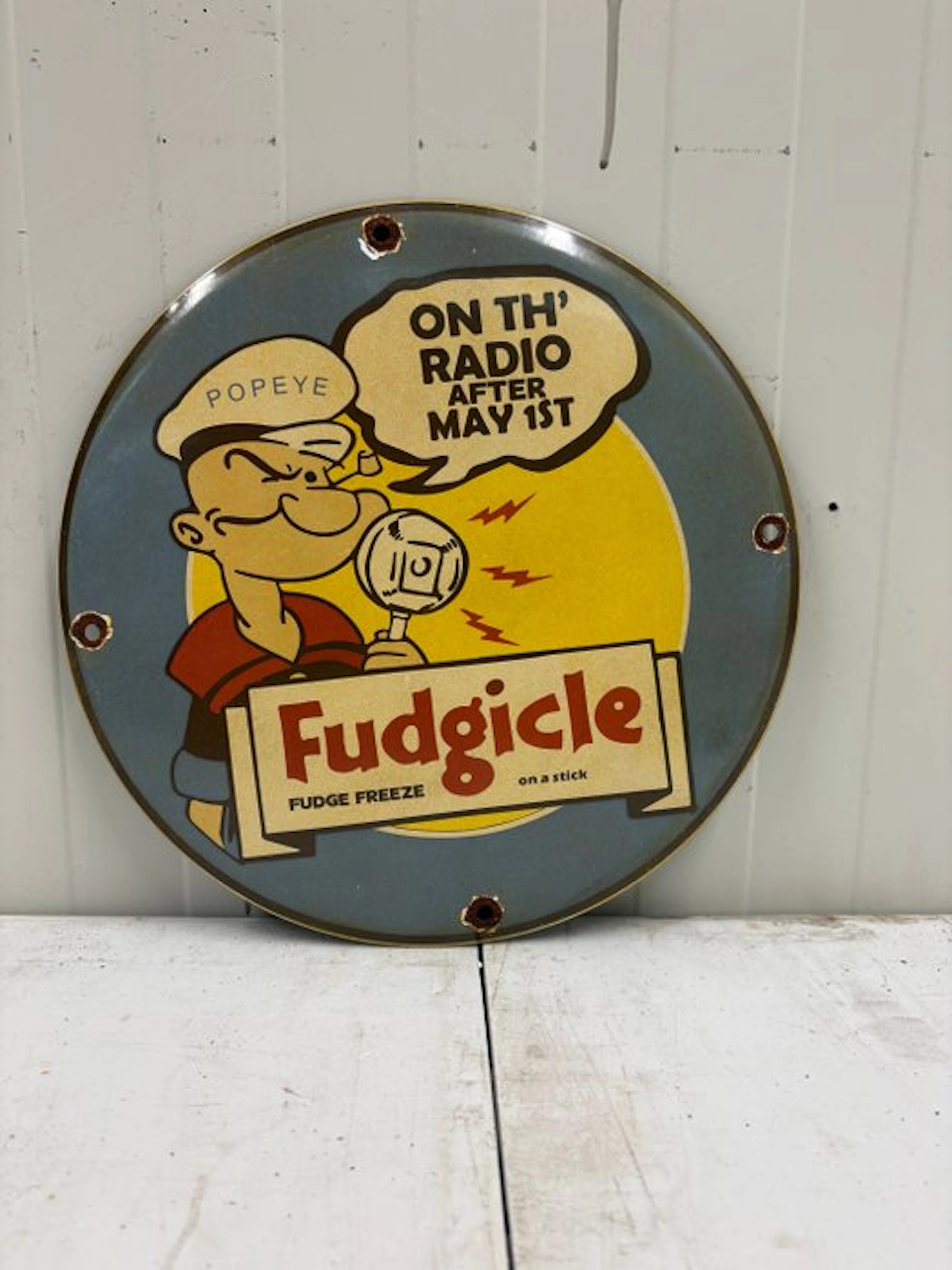 Popeye – Fudgicle Ice Cream – Rond Emaille Reclamebord - Enamel sign - Enamel