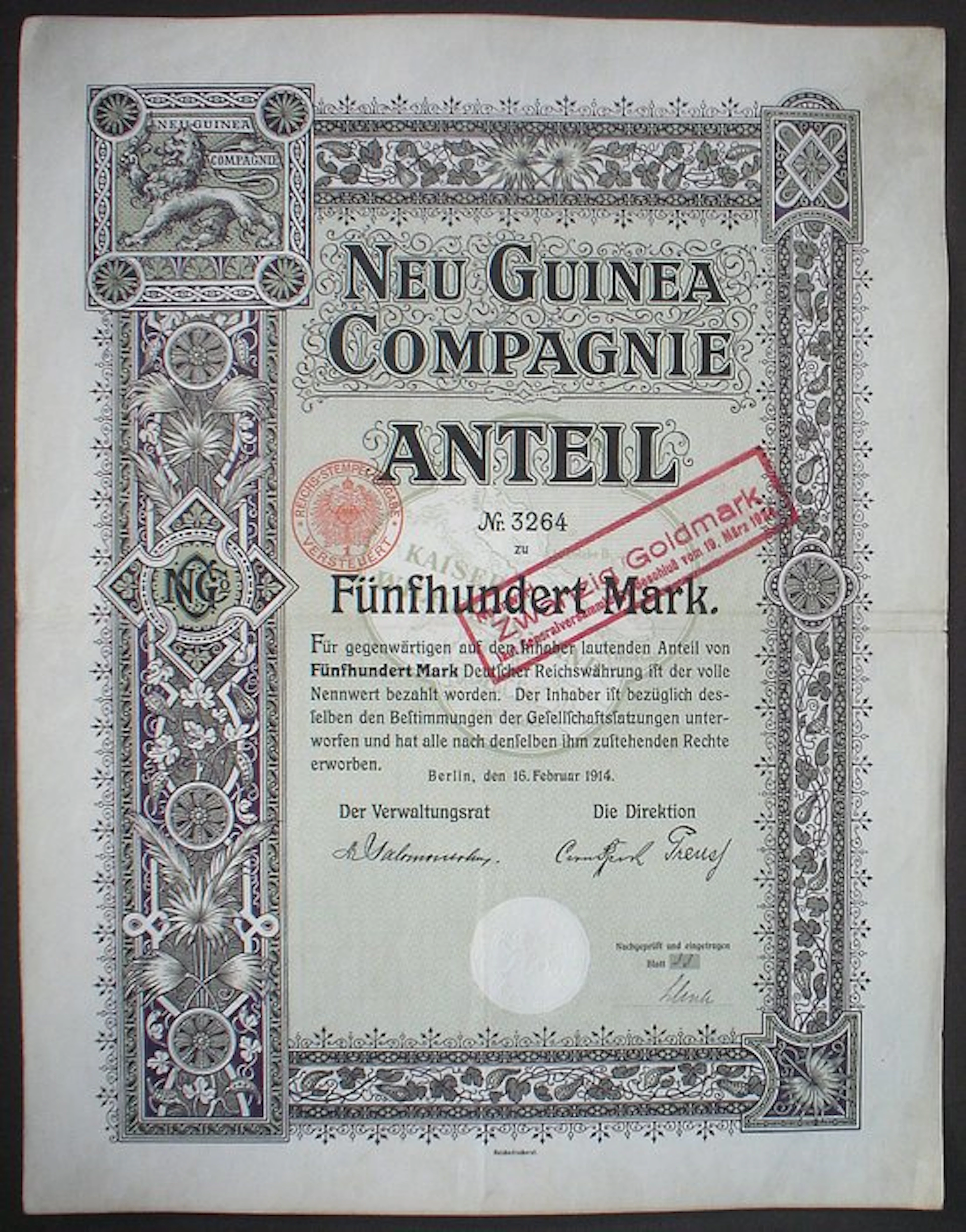 Germany. Neu Guinea Compagnie, 500 Mark 1914 unentwertet + Kupons + weitere 14