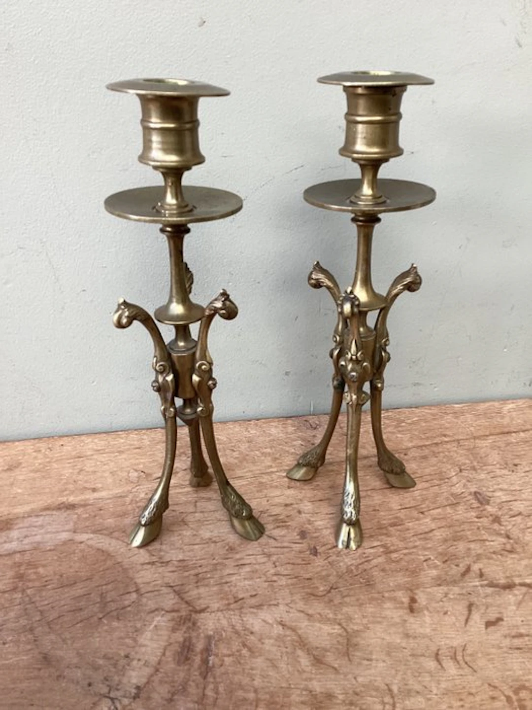 Candleholder (2) - Bronze, Brass - Old tripod candlesticks