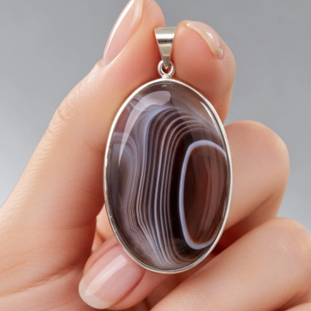 Sterling Silver Pendant with Banded Agate Cabochon...